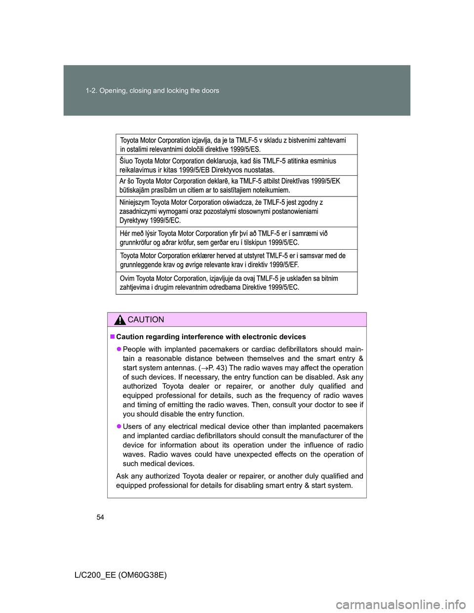 TOYOTA LAND CRUISER 2012 Workshop Manual 54 1-2. Opening, closing and locking the doors
L/C200_EE (OM60G38E)
CAUTION
Caution regarding interference with electronic devices
People with implanted pacemakers or cardiac defibrillators shou