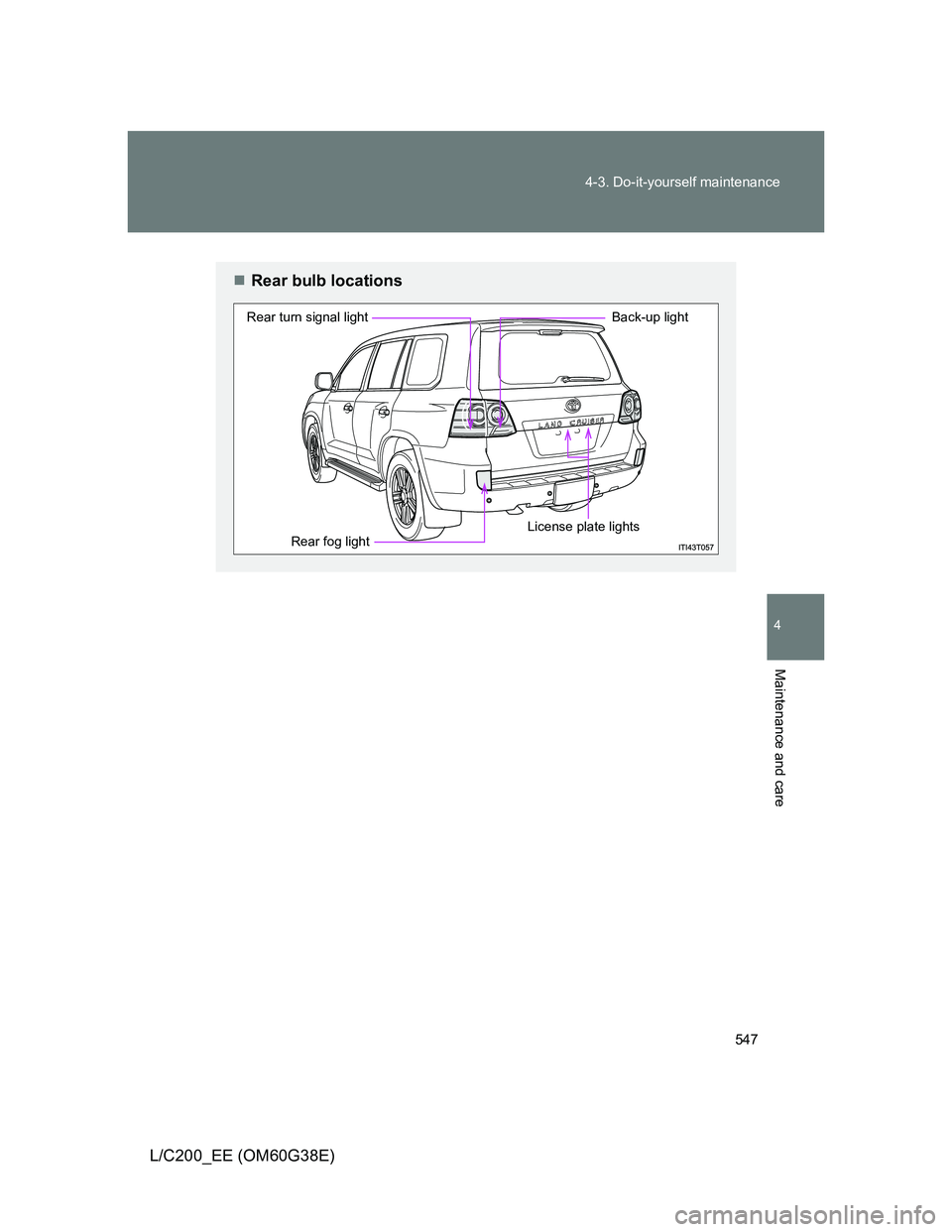 TOYOTA LAND CRUISER 2012  Owners Manual 547 4-3. Do-it-yourself maintenance
4
Maintenance and care
L/C200_EE (OM60G38E)
Rear bulb locations
Rear fog light Rear turn signal light Back-up light
License plate lights 