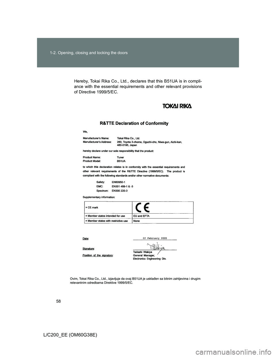 TOYOTA LAND CRUISER 2012 Workshop Manual 58 1-2. Opening, closing and locking the doors
L/C200_EE (OM60G38E)
Hereby, Tokai Rika Co., Ltd., declares that this B51UA is in compli-
ance with the essential requirements and other relevant provisi