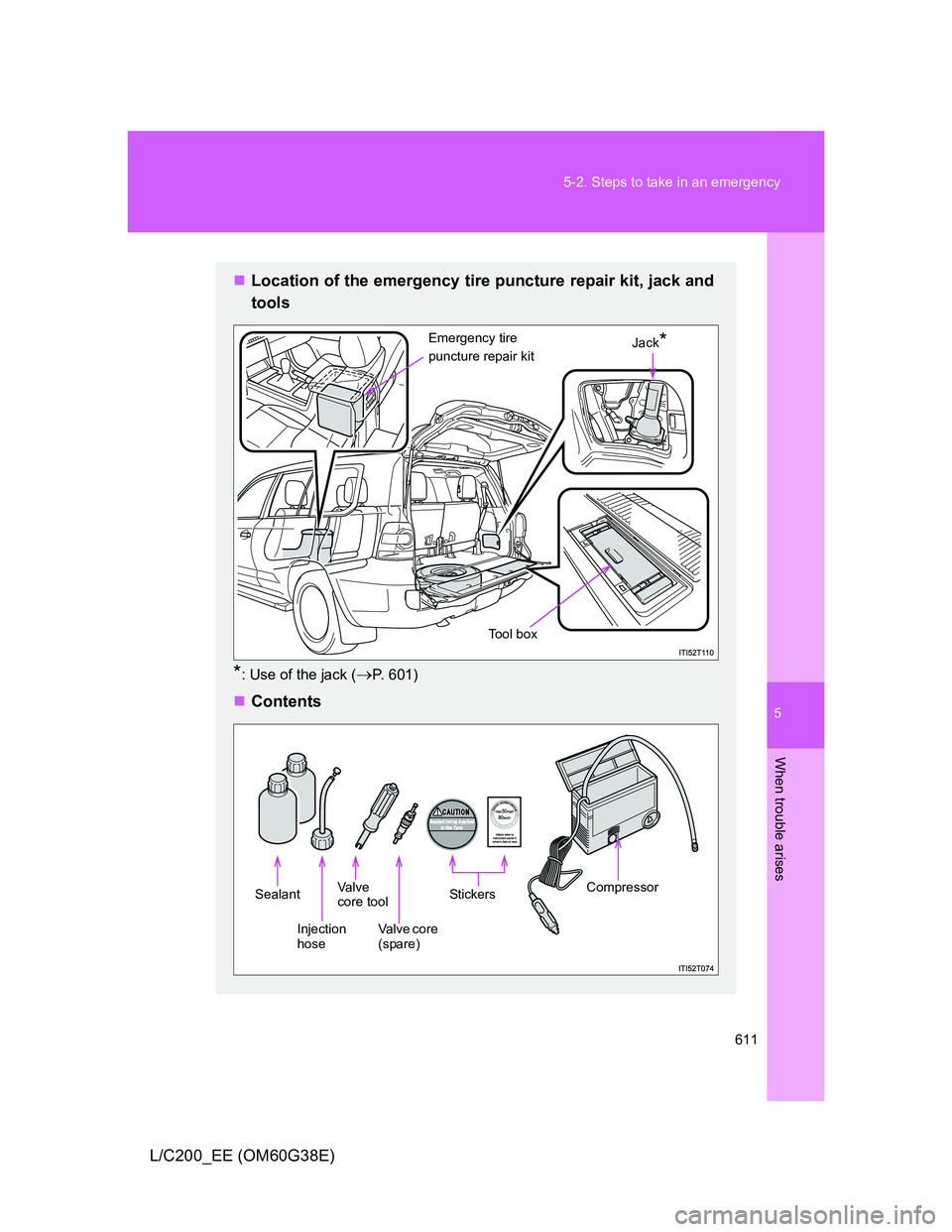 TOYOTA LAND CRUISER 2012  Owners Manual 5
611 5-2. Steps to take in an emergency
When trouble arises
L/C200_EE (OM60G38E)
Location of the emergency tire puncture repair kit, jack and
tools
*: Use of the jack (P. 601)
Contents
Tool 