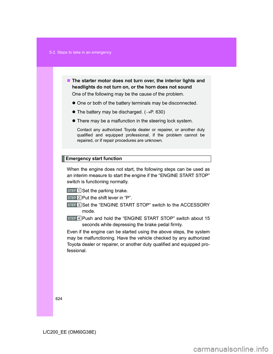 TOYOTA LAND CRUISER 2012 Owners Manual 624 5-2. Steps to take in an emergency
L/C200_EE (OM60G38E)
Emergency start function
When the engine does not start, the following steps can be used as
an interim measure to start the engine if the TOYOTA LAND CRUISER 2012 Owners Manual 624 5-2. Steps to take in an emergency
L/C200_EE (OM60G38E)
Emergency start function
When the engine does not start, the following steps can be used as
an interim measure to start the engine if the