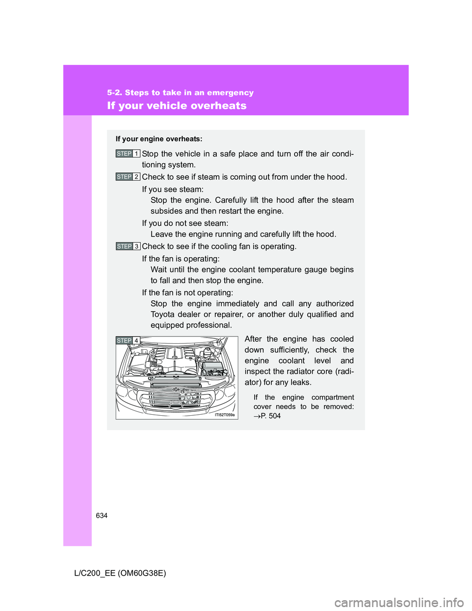 TOYOTA LAND CRUISER 2012  Owners Manual 634
5-2. Steps to take in an emergency
L/C200_EE (OM60G38E)
If your vehicle overheats
If your engine overheats:
Stop the vehicle in a safe place and turn off the air condi-
tioning system.
Check to se