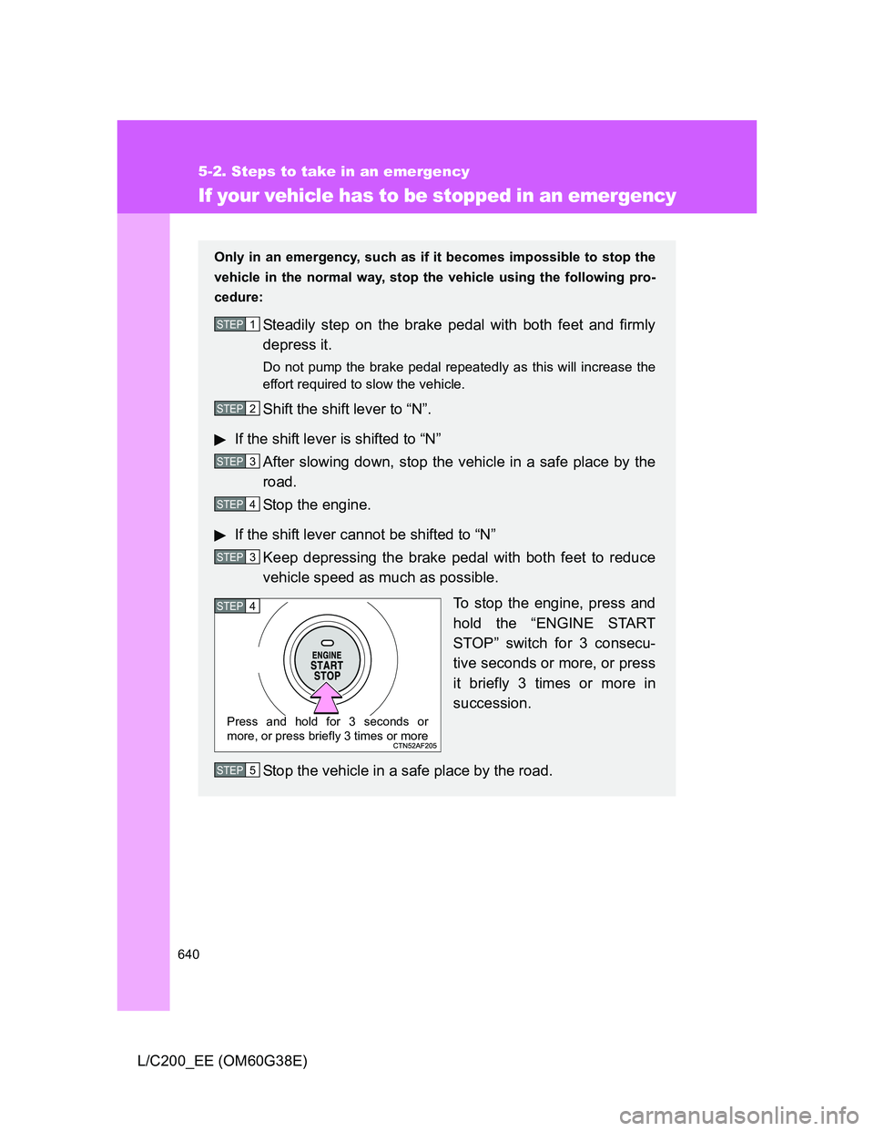 TOYOTA LAND CRUISER 2012  Owners Manual 640
5-2. Steps to take in an emergency
L/C200_EE (OM60G38E)
If your vehicle has to be stopped in an emergency
Only in an emergency, such as if it becomes impossible to stop the
vehicle in the normal w