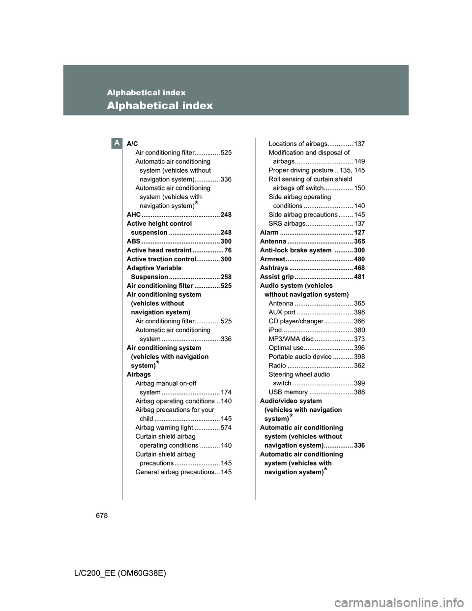TOYOTA LAND CRUISER 2012 Owners Manual 678
L/C200_EE (OM60G38E)
Alphabetical index
Alphabetical index
A/C
Air conditioning filter.............. 525
Automatic air conditioning
system (vehicles without
navigation system).............. 336
TOYOTA LAND CRUISER 2012 Owners Manual 678
L/C200_EE (OM60G38E)
Alphabetical index
Alphabetical index
A/C
Air conditioning filter.............. 525
Automatic air conditioning
system (vehicles without
navigation system).............. 336