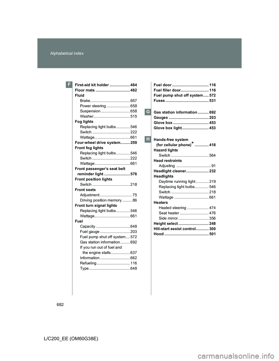 TOYOTA LAND CRUISER 2012  Owners Manual 682 Alphabetical index
L/C200_EE (OM60G38E)
First-aid kit holder ................... 484
Floor mats ................................ 482
Fluid
Brake..................................... 657
Power stee