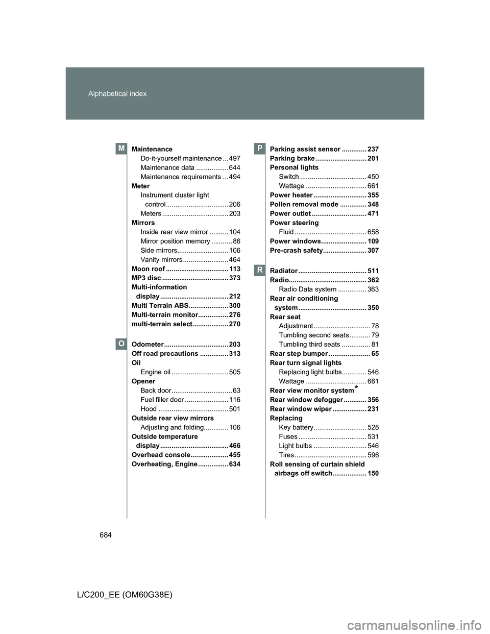 TOYOTA LAND CRUISER 2012 Owners Manual 684 Alphabetical index
L/C200_EE (OM60G38E)
Maintenance
Do-it-yourself maintenance ... 497
Maintenance data ................. 644
Maintenance requirements ... 494
Meter
Instrument cluster light
contr TOYOTA LAND CRUISER 2012 Owners Manual 684 Alphabetical index
L/C200_EE (OM60G38E)
Maintenance
Do-it-yourself maintenance ... 497
Maintenance data ................. 644
Maintenance requirements ... 494
Meter
Instrument cluster light
contr