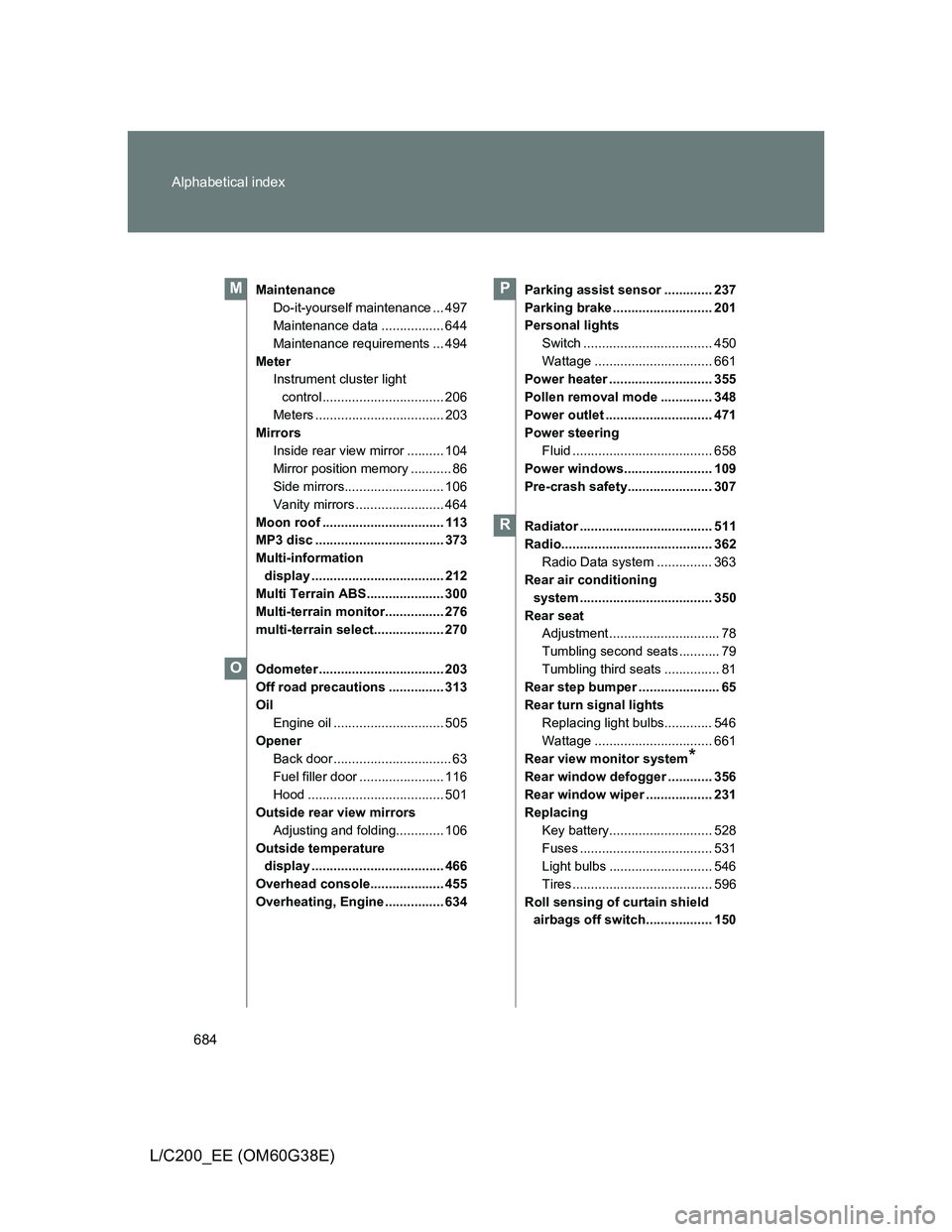 TOYOTA LAND CRUISER 2012  Owners Manual 684 Alphabetical index
L/C200_EE (OM60G38E)
Maintenance
Do-it-yourself maintenance ... 497
Maintenance data ................. 644
Maintenance requirements ... 494
Meter
Instrument cluster light 
contr