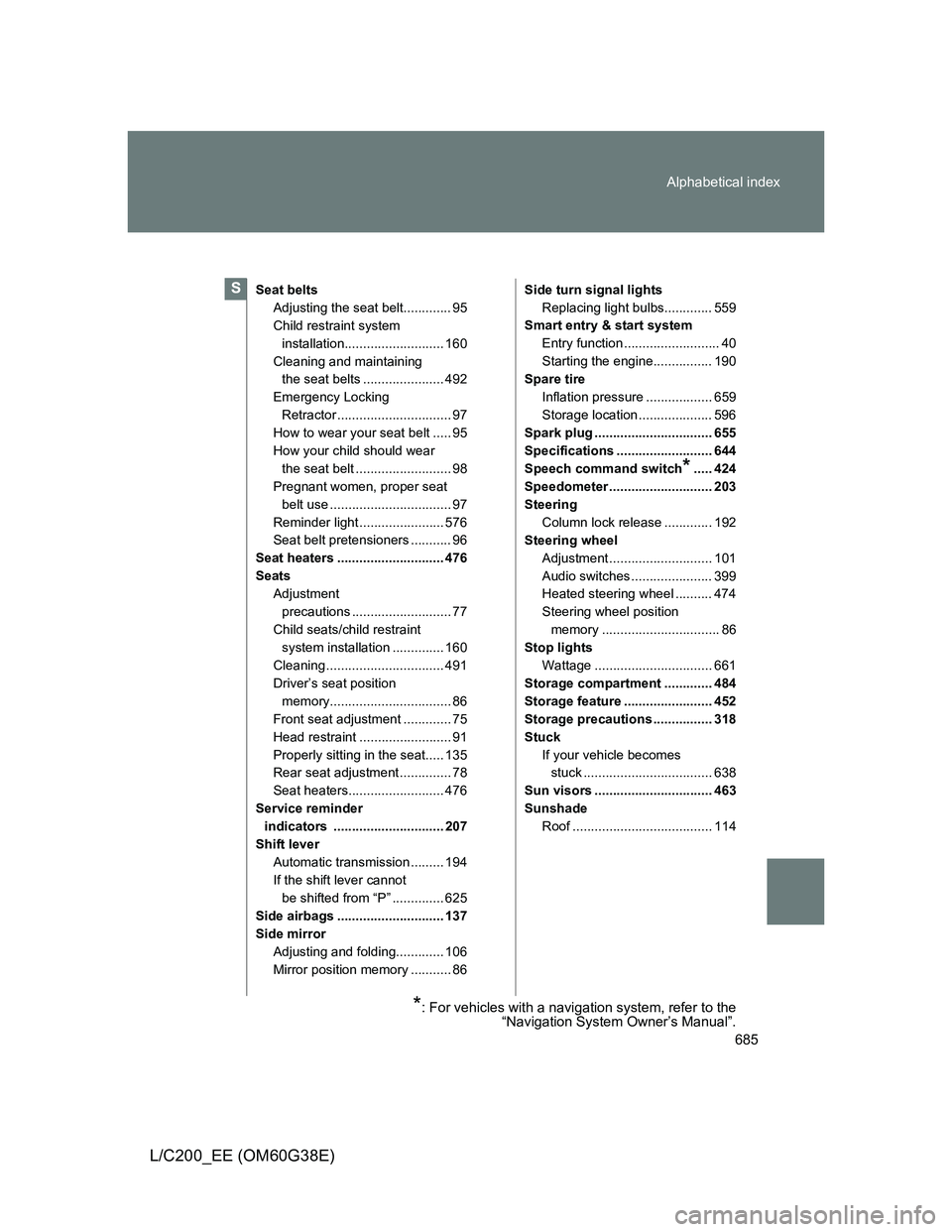 TOYOTA LAND CRUISER 2012 Owners Manual 685 Alphabetical index
L/C200_EE (OM60G38E)
Seat belts
Adjusting the seat belt............. 95
Child restraint system
installation........................... 160
Cleaning and maintaining
the seat be TOYOTA LAND CRUISER 2012 Owners Manual 685 Alphabetical index
L/C200_EE (OM60G38E)
Seat belts
Adjusting the seat belt............. 95
Child restraint system
installation........................... 160
Cleaning and maintaining
the seat be