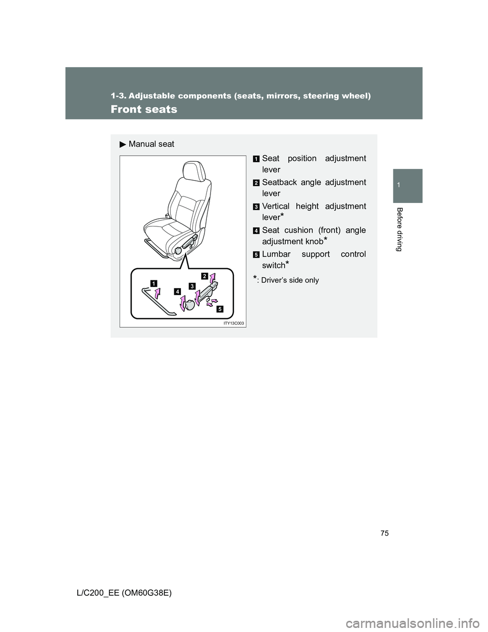 TOYOTA LAND CRUISER 2012 Manual PDF 75
1
Before driving
L/C200_EE (OM60G38E)
1-3. Adjustable components (seats, mirrors, steering wheel)
Front seats
Manual seat
Seat position adjustment
lever
Seatback angle adjustment
lever
Vertical hei