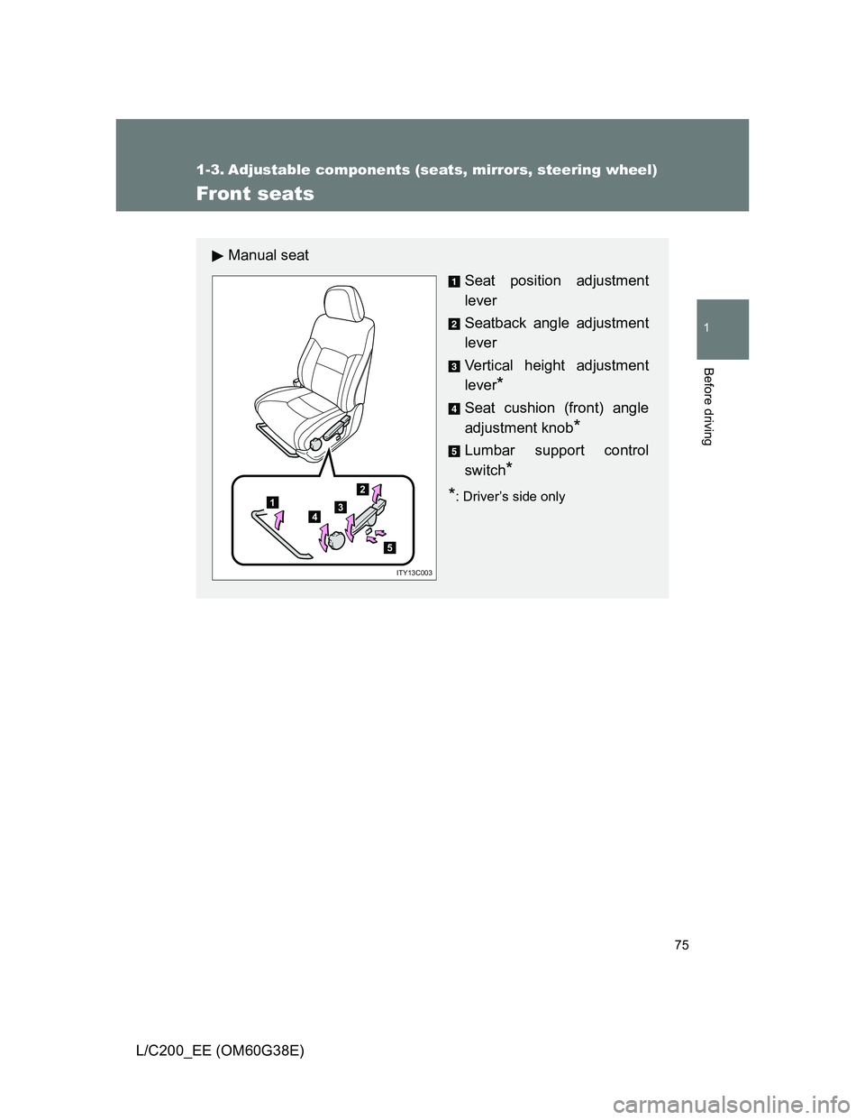 TOYOTA LAND CRUISER 2012  Owners Manual 75
1
Before driving
L/C200_EE (OM60G38E)
1-3. Adjustable components (seats, mirrors, steering wheel)
Front seats
Manual seat
Seat position adjustment
lever
Seatback angle adjustment
lever
Vertical hei