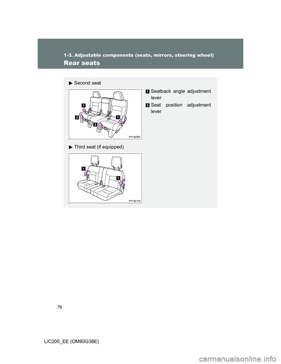 TOYOTA LAND CRUISER 2012 Manual PDF 78
1-3. Adjustable components (seats, mirrors, steering wheel)
L/C200_EE (OM60G38E)
Rear seats
Second seat
Seatback angle adjustment
lever
Seat position adjustment
lever
Third seat (if equipped) 