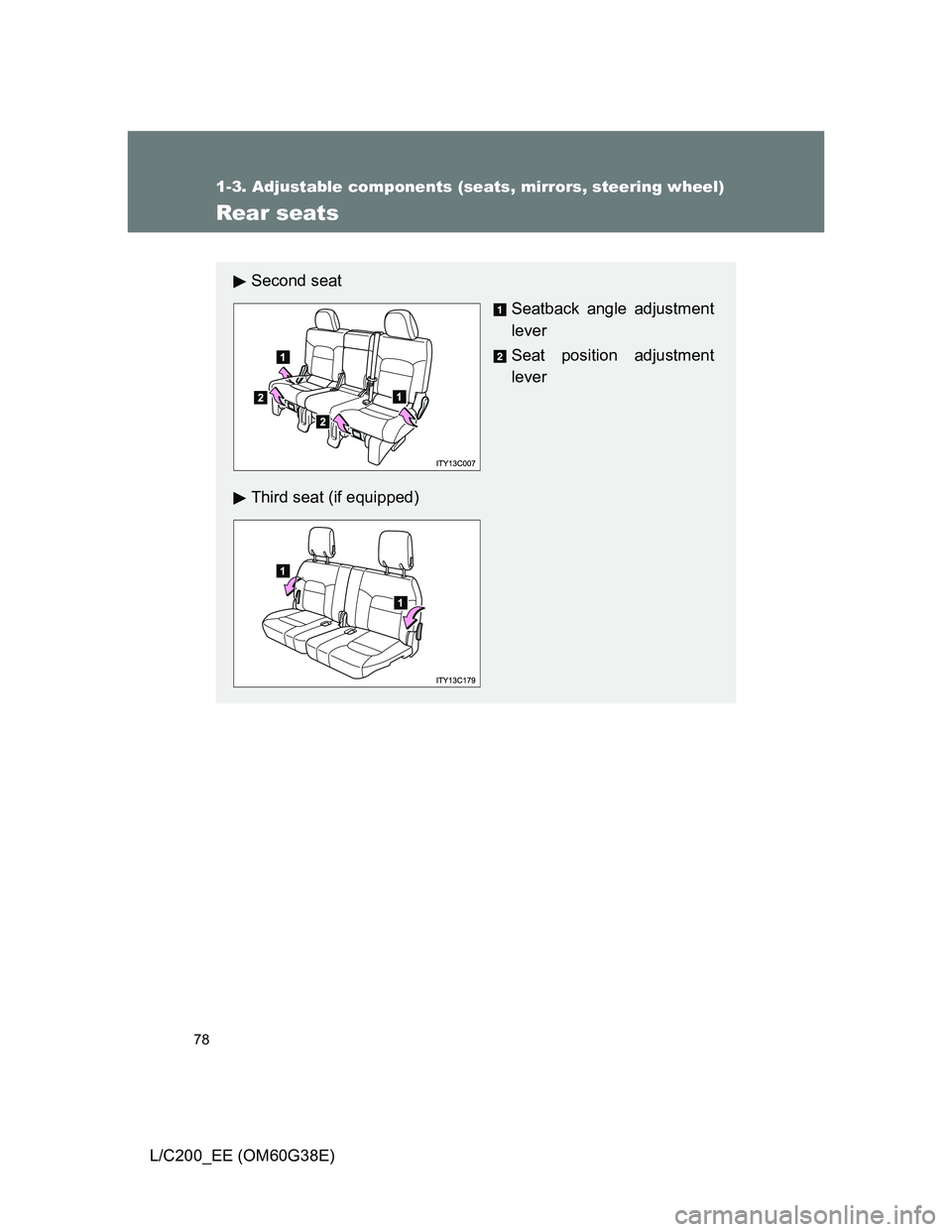 TOYOTA LAND CRUISER 2012  Owners Manual 78
1-3. Adjustable components (seats, mirrors, steering wheel)
L/C200_EE (OM60G38E)
Rear seats
Second seat
Seatback angle adjustment
lever
Seat position adjustment
lever
Third seat (if equipped) 