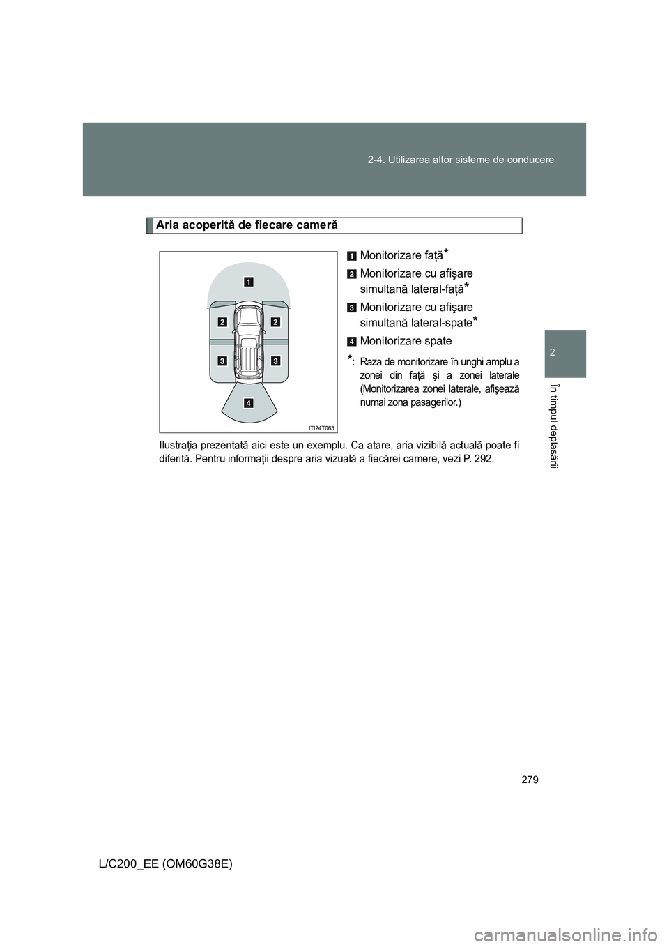 TOYOTA LAND CRUISER 2012 Manual de utilizare (in Romanian) 279 2-4. Utilizarea altor sisteme de conducere
2
În timpul deplasării
L/C200_EE (OM60G38E)
Aria acoperită de fiecare cameră
Monitorizare faţă*
Monitorizare cu afişare
simultană lateral-faţă TOYOTA LAND CRUISER 2012 Manual de utilizare (in Romanian) 279 2-4. Utilizarea altor sisteme de conducere
2
În timpul deplasării
L/C200_EE (OM60G38E)
Aria acoperită de fiecare cameră
Monitorizare faţă*
Monitorizare cu afişare
simultană lateral-faţă