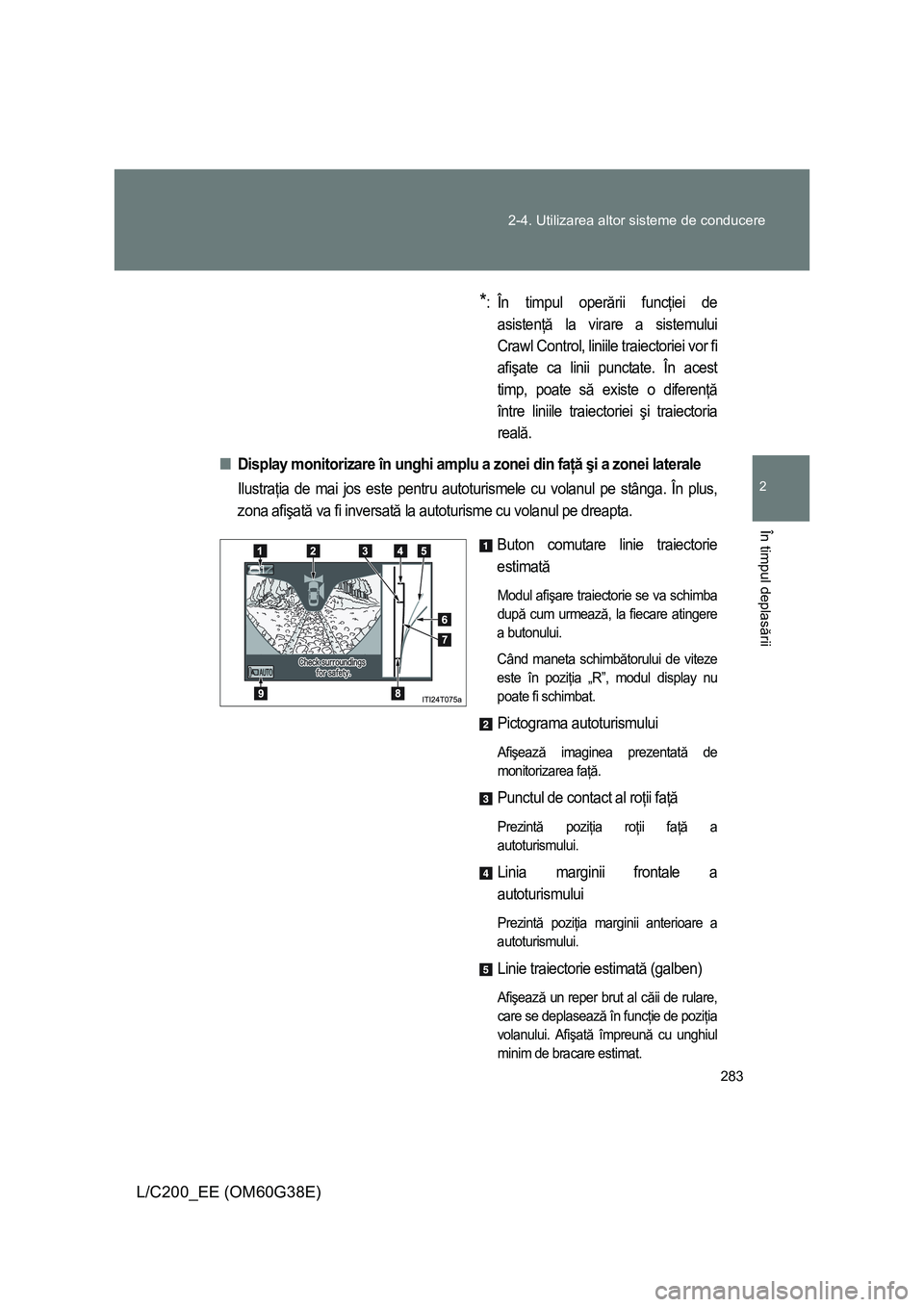 TOYOTA LAND CRUISER 2012 Manual de utilizare (in Romanian) 283 2-4. Utilizarea altor sisteme de conducere
2
În timpul deplasării
L/C200_EE (OM60G38E)
*: În timpul operării funcţiei de
asistenţă la virare a sistemului
Crawl Control, liniile traiectoriei TOYOTA LAND CRUISER 2012 Manual de utilizare (in Romanian) 283 2-4. Utilizarea altor sisteme de conducere
2
În timpul deplasării
L/C200_EE (OM60G38E)
*: În timpul operării funcţiei de
asistenţă la virare a sistemului
Crawl Control, liniile traiectoriei