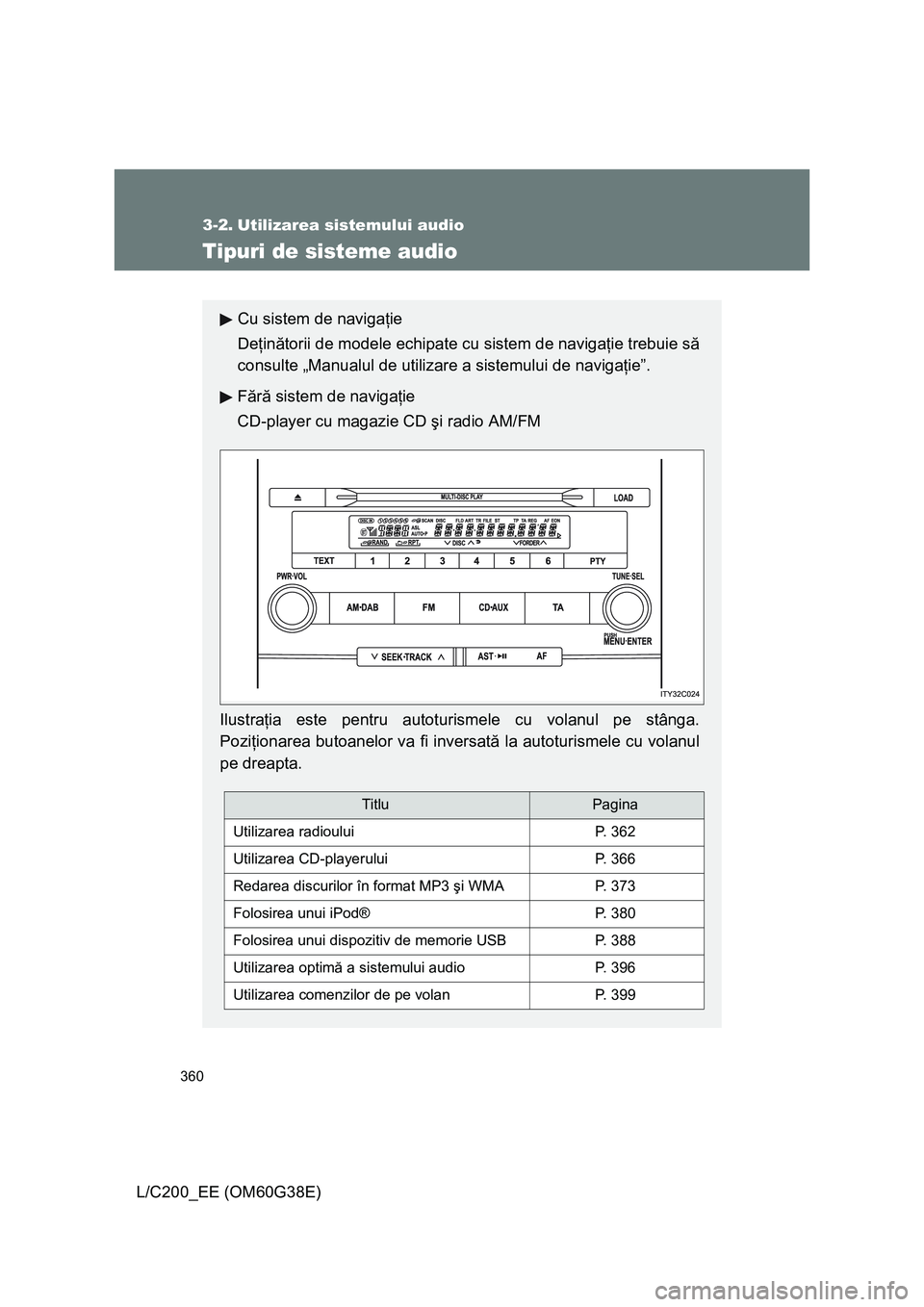 TOYOTA LAND CRUISER 2012  Manual de utilizare (in Romanian) 360
L/C200_EE (OM60G38E)
3-2. Utilizarea sistemului audio
Tipuri de sisteme audio
Cu sistem de navigaţie
Deţinătorii de modele echipate cu sistem de navigaţie trebuie să
consulte „Manualul de u