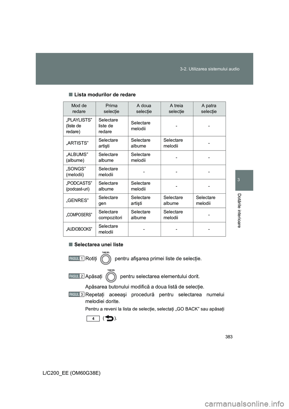 TOYOTA LAND CRUISER 2012  Manual de utilizare (in Romanian) 383 3-2. Utilizarea sistemului audio
3
Dotările interioare
L/C200_EE (OM60G38E)■Lista modurilor de redare
■Selectarea unei liste
Rotiţi   pentru afişarea primei liste de selecţie.
Apăsaţi   