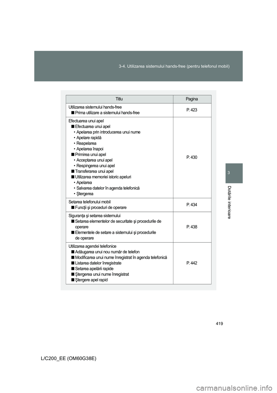 TOYOTA LAND CRUISER 2012 Manual de utilizare (in Romanian) 419 3-4. Utilizarea sistemului hands-free (pentru telefonul mobil)
3
Dotările interioare
L/C200_EE (OM60G38E)
TitluPagina
Utilizarea sistemului hands-free
■Prima utilizare a sistemului hands-freeP. TOYOTA LAND CRUISER 2012 Manual de utilizare (in Romanian) 419 3-4. Utilizarea sistemului hands-free (pentru telefonul mobil)
3
Dotările interioare
L/C200_EE (OM60G38E)
TitluPagina
Utilizarea sistemului hands-free
■Prima utilizare a sistemului hands-freeP.