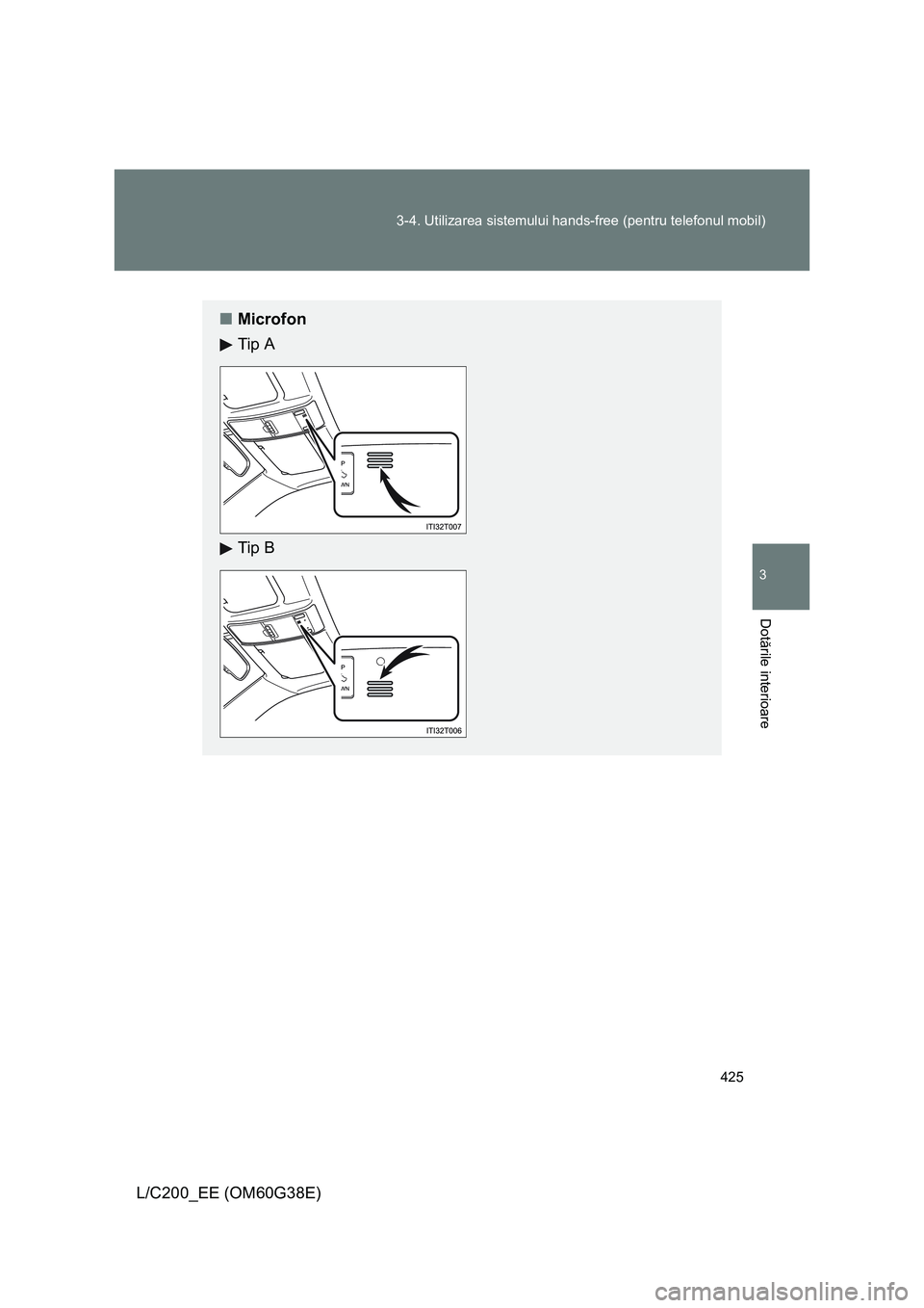 TOYOTA LAND CRUISER 2012  Manual de utilizare (in Romanian) 425 3-4. Utilizarea sistemului hands-free (pentru telefonul mobil)
3
Dotările interioare
L/C200_EE (OM60G38E)
■Microfon
Tip A
Tip B 