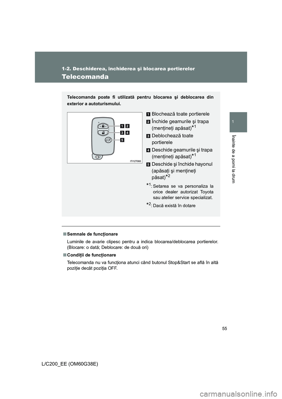 TOYOTA LAND CRUISER 2012  Manual de utilizare (in Romanian) 55
1
1-2. Deschiderea, închiderea şi blocarea portierelor
Înainte de a porni la drum
L/C200_EE (OM60G38E)
Telecomanda
■Semnale de funcţionare
Luminile de avarie clipesc pentru a indica blocarea/