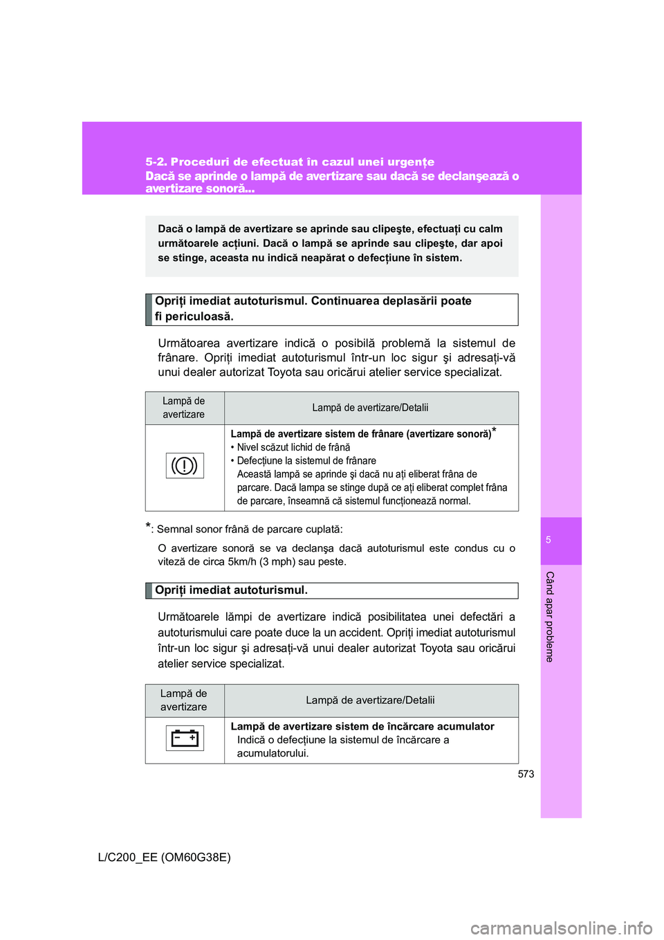 TOYOTA LAND CRUISER 2012 Manual de utilizare (in Romanian) 5
573
Când apar probleme
L/C200_EE (OM60G38E)
5-2. Proceduri de efectuat în cazul unei urgenţe
Dacă se aprinde o lampă de avertizare sau dacă se declanşează o
aver tizare sonoră...
Opriţi im TOYOTA LAND CRUISER 2012 Manual de utilizare (in Romanian) 5
573
Când apar probleme
L/C200_EE (OM60G38E)
5-2. Proceduri de efectuat în cazul unei urgenţe
Dacă se aprinde o lampă de avertizare sau dacă se declanşează o
aver tizare sonoră...
Opriţi im