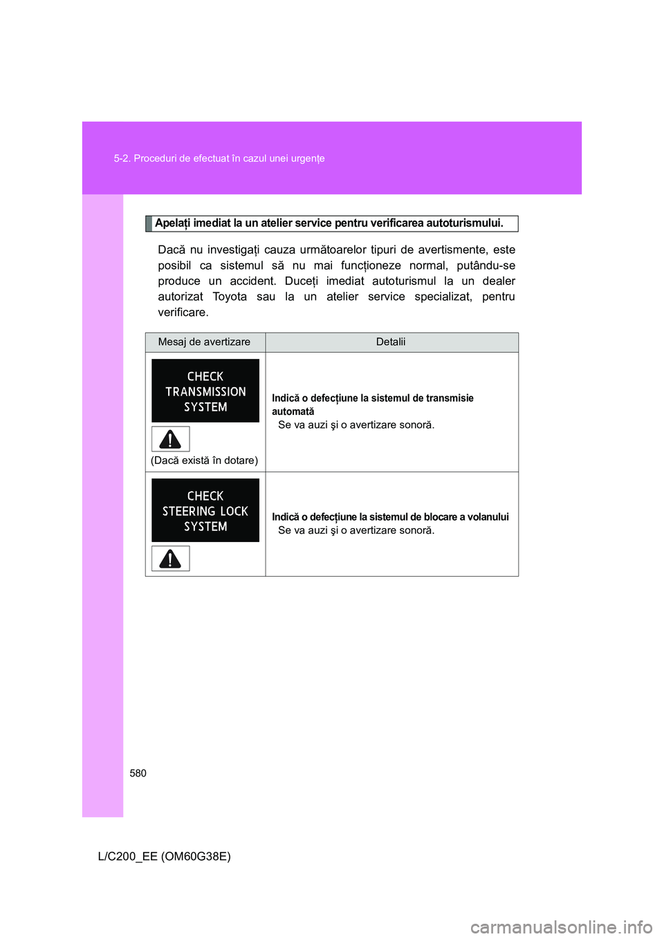 TOYOTA LAND CRUISER 2012 Manual de utilizare (in Romanian) 580 5-2. Proceduri de efectuat în cazul unei urgenţe
L/C200_EE (OM60G38E)
Apelaţi imediat la un atelier service pentru verificarea autoturismului.
Dacă nu investigaţi cauza următoarelor tipuri d TOYOTA LAND CRUISER 2012 Manual de utilizare (in Romanian) 580 5-2. Proceduri de efectuat în cazul unei urgenţe
L/C200_EE (OM60G38E)
Apelaţi imediat la un atelier service pentru verificarea autoturismului.
Dacă nu investigaţi cauza următoarelor tipuri d