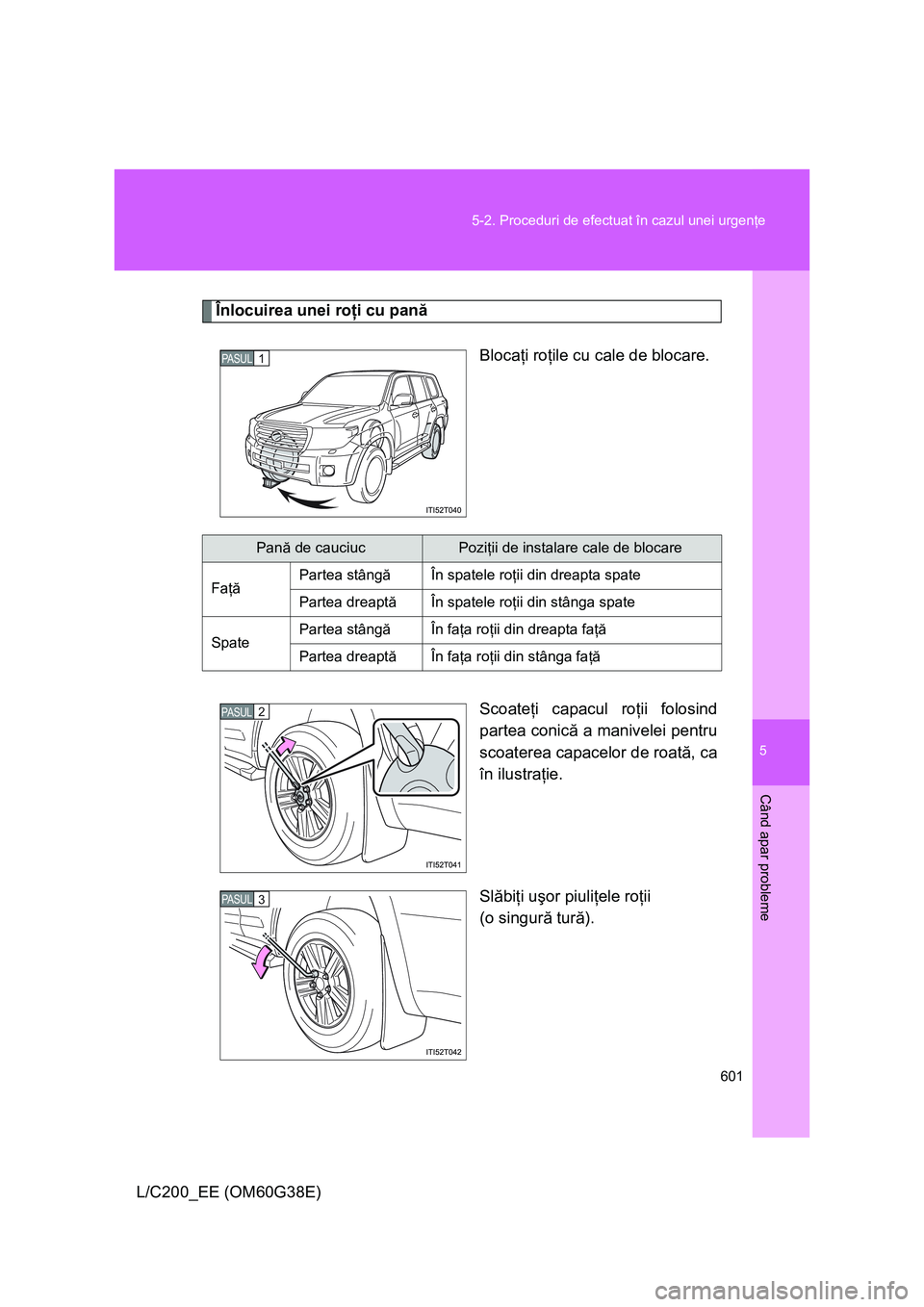 TOYOTA LAND CRUISER 2012 Manual de utilizare (in Romanian) 5
601 5-2. Proceduri de efectuat în cazul unei urgenţe
Când apar probleme
L/C200_EE (OM60G38E)
Înlocuirea unei roţi cu pană
Blocaţi roţile cu cale de blocare.
Scoateţi capacul roţii folosind TOYOTA LAND CRUISER 2012 Manual de utilizare (in Romanian) 5
601 5-2. Proceduri de efectuat în cazul unei urgenţe
Când apar probleme
L/C200_EE (OM60G38E)
Înlocuirea unei roţi cu pană
Blocaţi roţile cu cale de blocare.
Scoateţi capacul roţii folosind