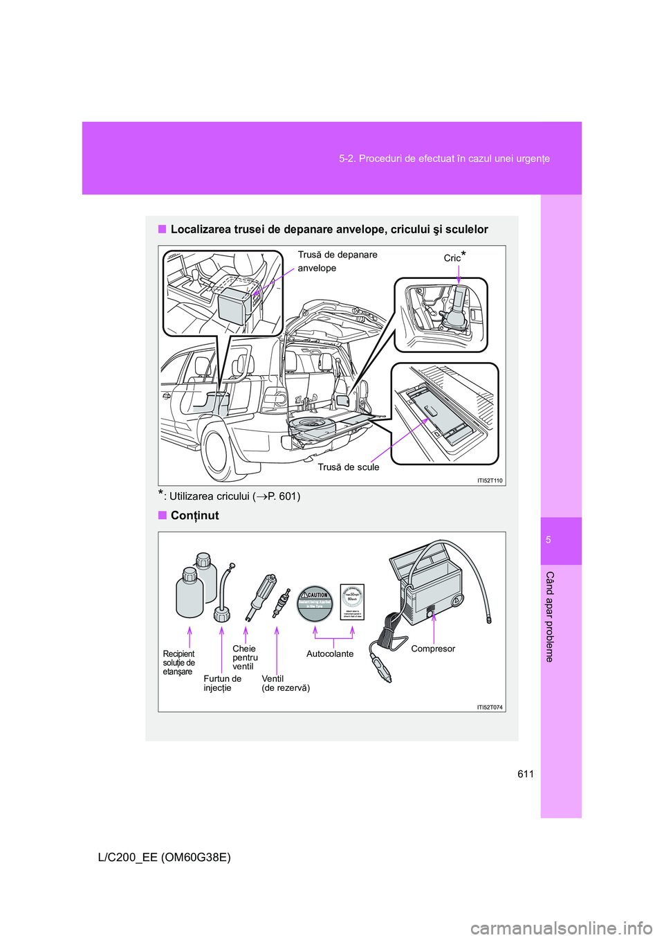 TOYOTA LAND CRUISER 2012  Manual de utilizare (in Romanian) 5
611 5-2. Proceduri de efectuat în cazul unei urgenţe
Când apar probleme
L/C200_EE (OM60G38E)
■Localizarea trusei de depanare anvelope, cricului şi sculelor
*: Utilizarea cricului (→P. 601)
