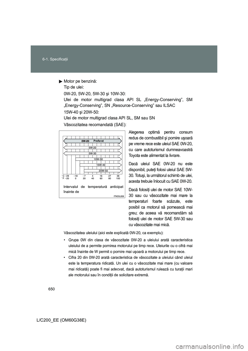 TOYOTA LAND CRUISER 2012 Manual de utilizare (in Romanian) 650 6-1. Specificaţii
L/C200_EE (OM60G38E)
Motor pe benzină:
Tip de ulei:
0W-20, 5W-20, 5W-30 şi 10W-30:
Ulei de motor multigrad clasa API SL „Energy-Conserving”, SM
„Energy-Conserving”, SN TOYOTA LAND CRUISER 2012 Manual de utilizare (in Romanian) 650 6-1. Specificaţii
L/C200_EE (OM60G38E)
Motor pe benzină:
Tip de ulei:
0W-20, 5W-20, 5W-30 şi 10W-30:
Ulei de motor multigrad clasa API SL „Energy-Conserving”, SM
„Energy-Conserving”, SN