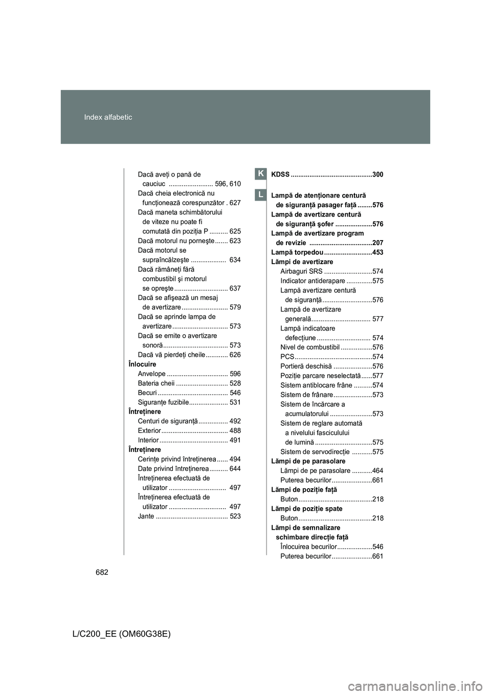 TOYOTA LAND CRUISER 2012  Manual de utilizare (in Romanian) 682 Index alfabetic
L/C200_EE (OM60G38E)
Dacă aveţi o pană de 
cauciuc ........................ 596, 610
Dacă cheia electronică nu 
funcţionează corespunzător . 627
Dacă maneta schimbătorulu