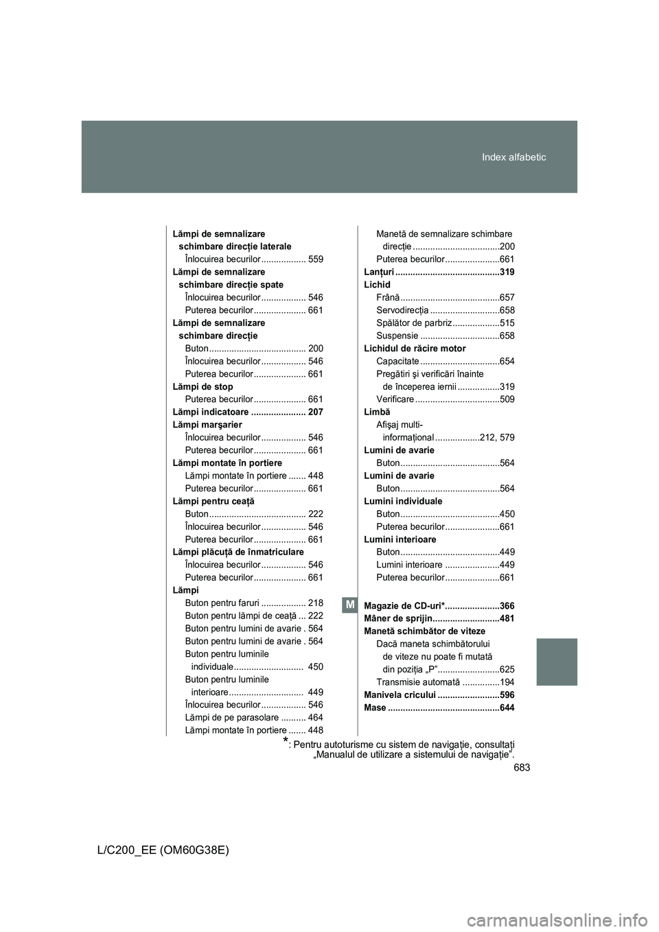 TOYOTA LAND CRUISER 2012  Manual de utilizare (in Romanian) 683 Index alfabetic
L/C200_EE (OM60G38E)
Lămpi de semnalizare 
schimbare direcţie laterale
Înlocuirea becurilor .................. 559
Lămpi de semnalizare 
schimbare direcţie spate
Înlocuirea b