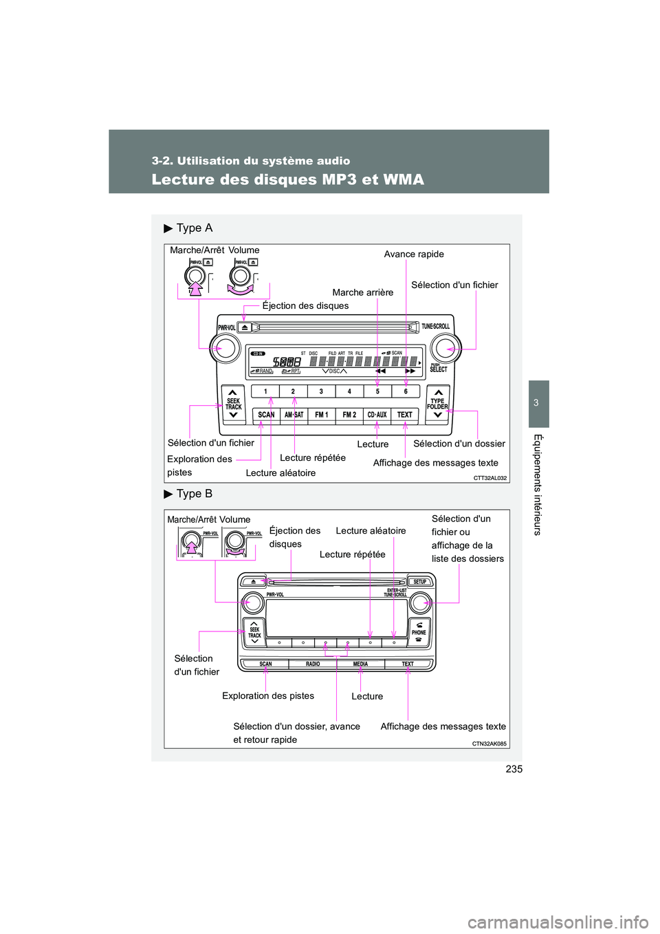 TOYOTA MATRIX 2014 Manuel du propriétaire (in French) 235
3-2. Utilisation du système audio
3
Équipements intérieurs
MATRIX_D
Lecture des disques MP3 et WMA
Ty p e A
Ty p e B
Vo lu m eLecture aléatoire
Sélection dun fichier
Lecture répétéeLect TOYOTA MATRIX 2014 Manuel du propriétaire (in French) 235
3-2. Utilisation du système audio
3
Équipements intérieurs
MATRIX_D
Lecture des disques MP3 et WMA
Ty p e A
Ty p e B
Vo lu m eLecture aléatoire
Sélection dun fichier
Lecture répétéeLect
