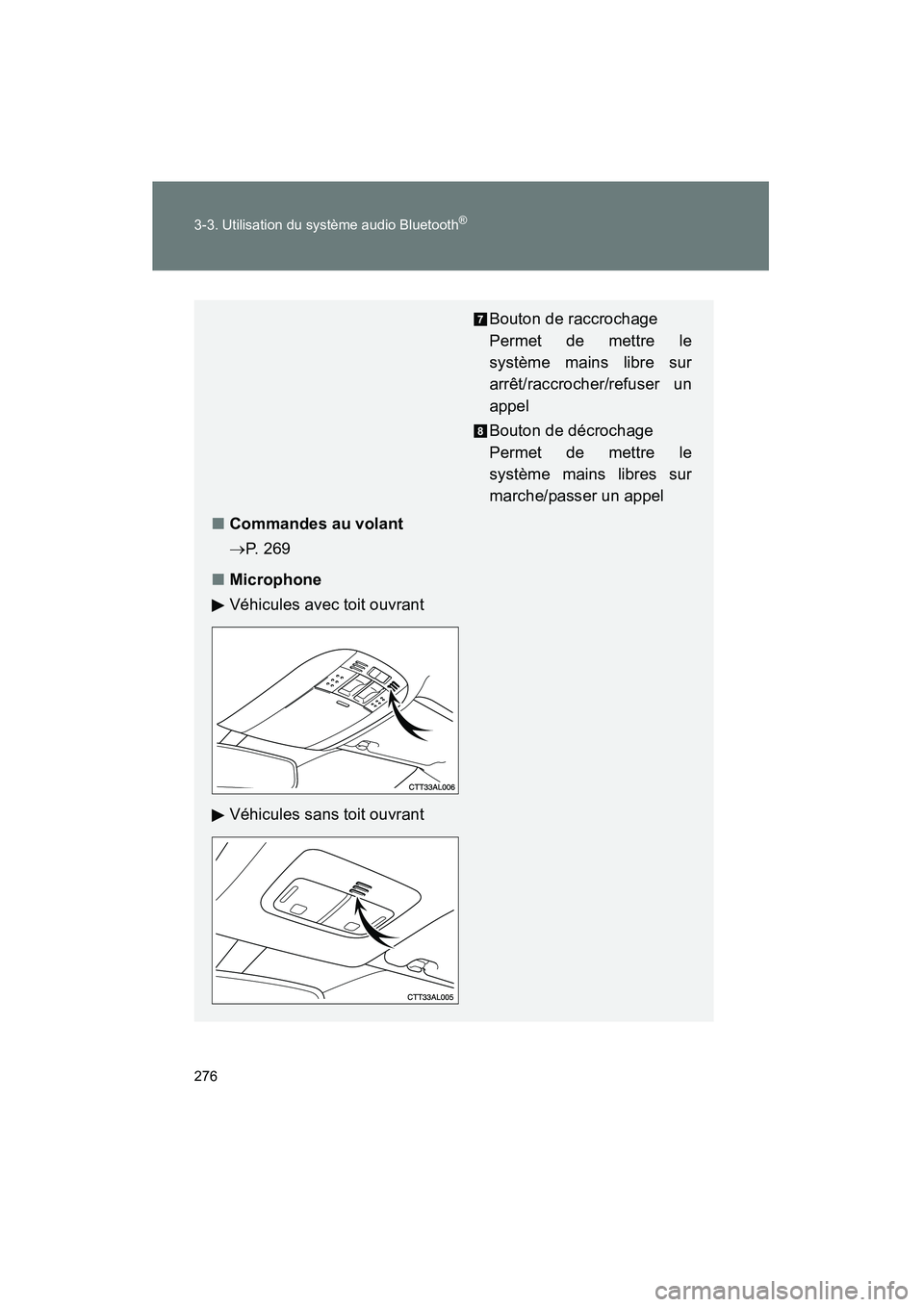 TOYOTA MATRIX 2014 Manuel du propriétaire (in French) 276 3-3. Utilisation du système audio Bluetooth
®
MATRIX_D
Bouton de raccrochage
Permet de mettre le
système mains libre sur
arrêt/raccrocher/refuser un
appel
Bouton de décrochage
Permet de met TOYOTA MATRIX 2014 Manuel du propriétaire (in French) 276 3-3. Utilisation du système audio Bluetooth
®
MATRIX_D
Bouton de raccrochage
Permet de mettre le
système mains libre sur
arrêt/raccrocher/refuser un
appel
Bouton de décrochage
Permet de met