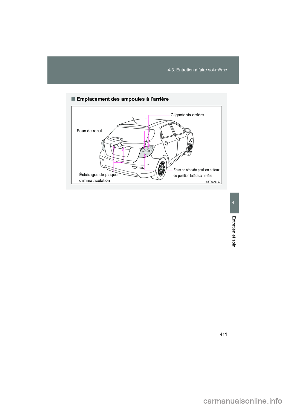 TOYOTA MATRIX 2014  Manuel du propriétaire (in French) 411
4-3. Entretien à faire soi-même
4
Entretien et soin
MATRIX_D
■
Emplacement des ampoules à larrière
Feux de stop/de position et feux
de position latéraux arrière
Clignotants arrière
Feux 