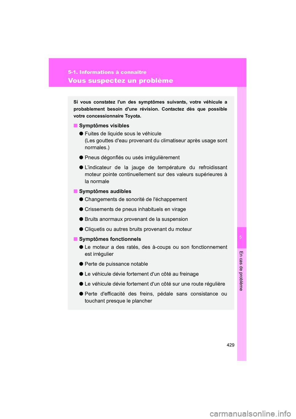 TOYOTA MATRIX 2014 Manuel du propriétaire (in French) 5
En cas de problème
429
5-1. Informations à connaître
MATRIX_D
Vous suspectez un problème
Si vous constatez lun des symptômes suivants, votre véhicule a
probablement besoin dune révision. Co TOYOTA MATRIX 2014 Manuel du propriétaire (in French) 5
En cas de problème
429
5-1. Informations à connaître
MATRIX_D
Vous suspectez un problème
Si vous constatez lun des symptômes suivants, votre véhicule a
probablement besoin dune révision. Co