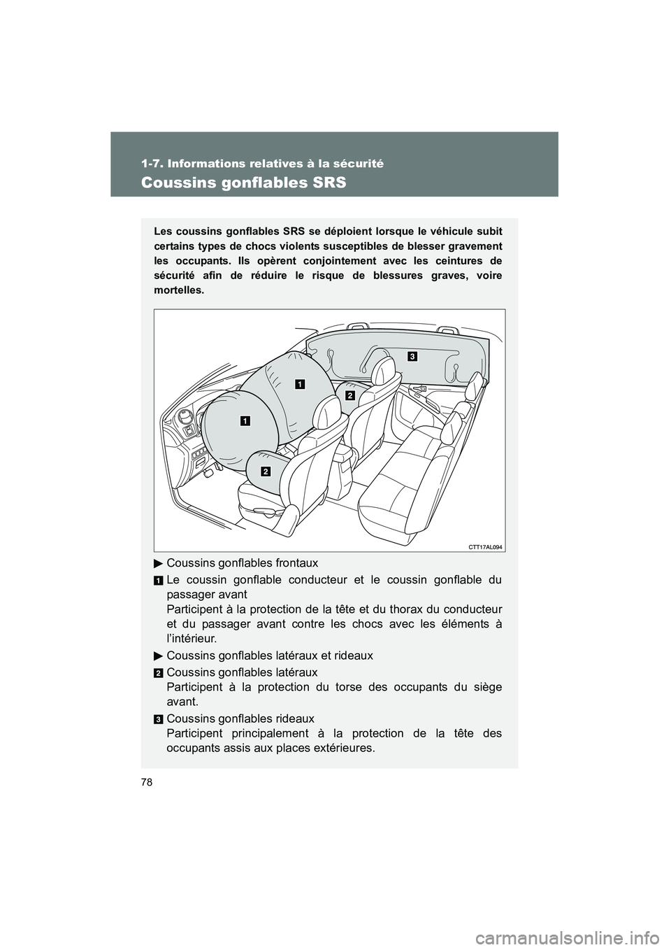 TOYOTA MATRIX 2014 Manuel du propriétaire (in French) 78
1-7. Informations relatives à la sécurité
MATRIX_D
Coussins gonflables SRS
Les coussins gonflables SRS se déploient lorsque le véhicule subit
certains types de chocs violents susceptibles de b TOYOTA MATRIX 2014 Manuel du propriétaire (in French) 78
1-7. Informations relatives à la sécurité
MATRIX_D
Coussins gonflables SRS
Les coussins gonflables SRS se déploient lorsque le véhicule subit
certains types de chocs violents susceptibles de b
