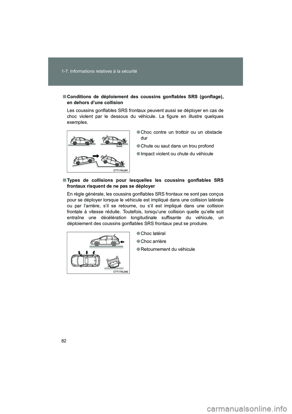 TOYOTA MATRIX 2014 Manuel du propriétaire (in French) 82 1-7. Informations relatives à la sécurité
MATRIX_D
■Conditions de déploiement des co ussins gonflables SRS (gonflage),
en dehors d’une collision
Les coussins gonflables SRS frontaux peuvent TOYOTA MATRIX 2014 Manuel du propriétaire (in French) 82 1-7. Informations relatives à la sécurité
MATRIX_D
■Conditions de déploiement des co ussins gonflables SRS (gonflage),
en dehors d’une collision
Les coussins gonflables SRS frontaux peuvent