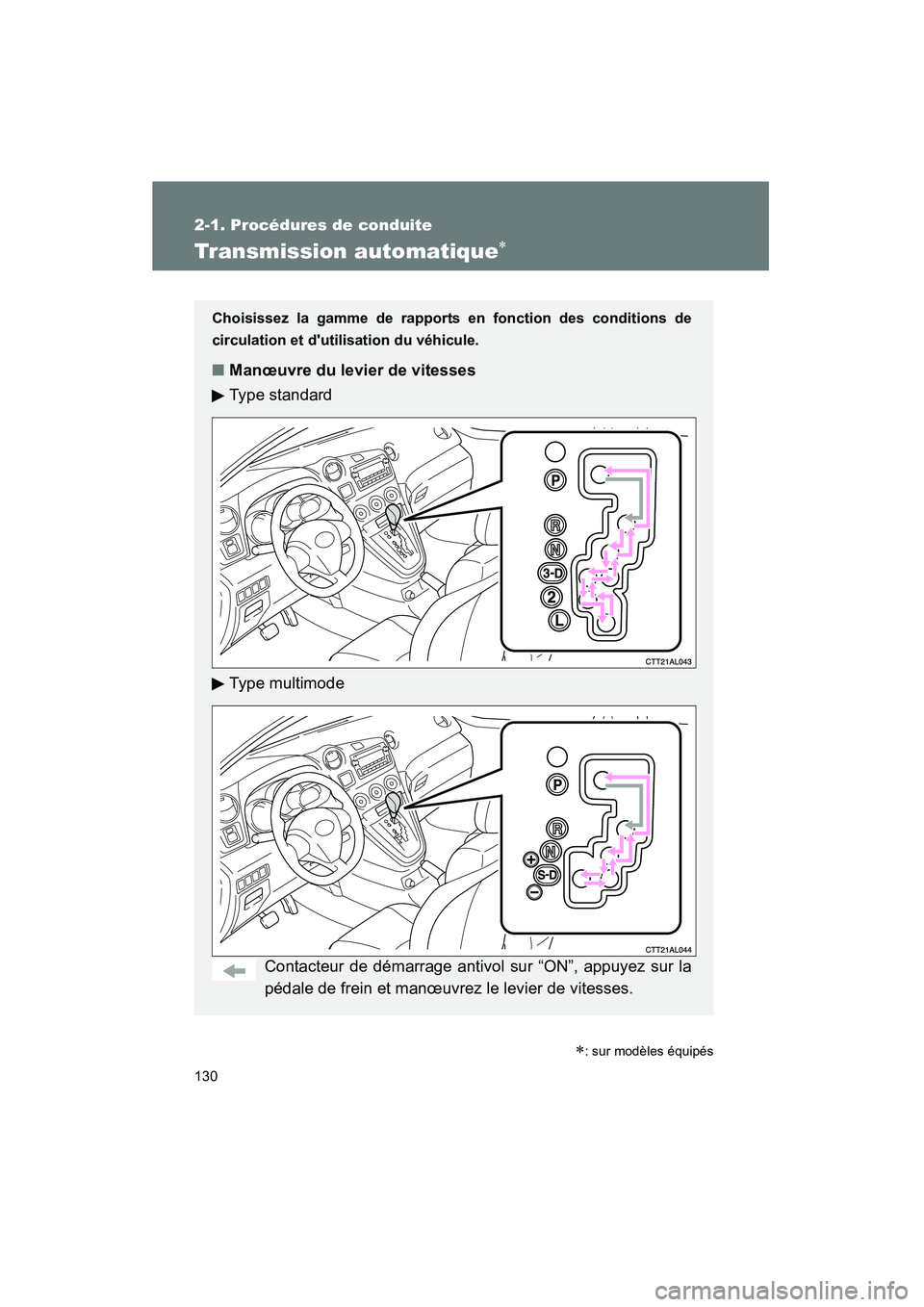 TOYOTA MATRIX 2013 Manuel du propriétaire (in French) 130
2-1. Procédures de conduite
MATRIX_D
Transmission automatique∗
Choisissez la gamme de rapports en fonction des conditions de
circulation et dutilisation du véhicule.
■Manœuvre du levier de TOYOTA MATRIX 2013 Manuel du propriétaire (in French) 130
2-1. Procédures de conduite
MATRIX_D
Transmission automatique∗
Choisissez la gamme de rapports en fonction des conditions de
circulation et dutilisation du véhicule.
■Manœuvre du levier de