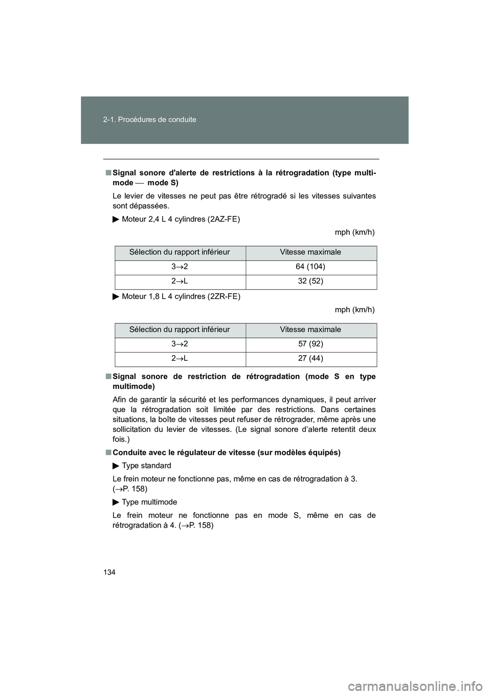TOYOTA MATRIX 2013 Manuel du propriétaire (in French) 134 2-1. Procédures de conduite
MATRIX_D
■Signal sonore dalerte de restrictio ns à la rétrogradation (type multi-
mode mode S)
Le levier de vitesses ne peut pas être rétrogradé si les v TOYOTA MATRIX 2013 Manuel du propriétaire (in French) 134 2-1. Procédures de conduite
MATRIX_D
■Signal sonore dalerte de restrictio ns à la rétrogradation (type multi-
mode mode S)
Le levier de vitesses ne peut pas être rétrogradé si les v