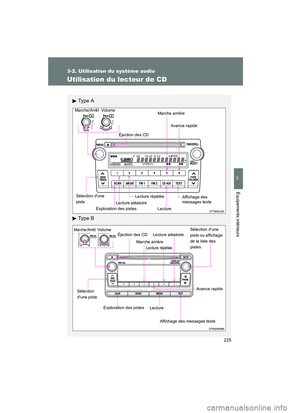 TOYOTA MATRIX 2013 Manuel du propriétaire (in French) 225
3-2. Utilisation du système audio
3
Équipements intérieurs
MATRIX_D
Utilisation du lecteur de CD
Ty p e A
Ty p e B
VolumeLecture aléatoire
Sélection dune
piste
Lecture répétée
Lecture
TOYOTA MATRIX 2013 Manuel du propriétaire (in French) 225
3-2. Utilisation du système audio
3
Équipements intérieurs
MATRIX_D
Utilisation du lecteur de CD
Ty p e A
Ty p e B
VolumeLecture aléatoire
Sélection dune
piste
Lecture répétée
Lecture