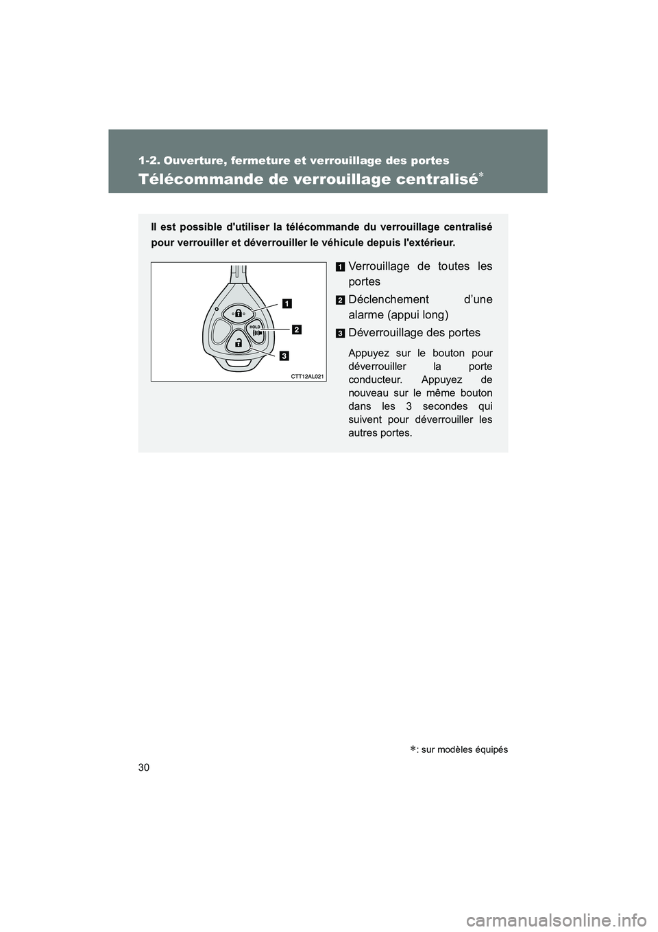 TOYOTA MATRIX 2013  Manuel du propriétaire (in French) 30
MATRIX_D
1-2. Ouverture, fermeture et verrouillage des portes
Télécommande de verrouillage centralisé∗
∗: sur modèles équipés
Il est possible dutiliser la télécommande du verrouillage 