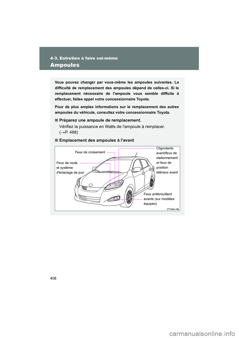 TOYOTA MATRIX 2013 Manuel du propriétaire (in French) 408
4-3. Entretien à faire soi-même
MATRIX_D
Ampoules
Vous pouvez changer par vous-même les ampoules suivantes. La
difficulté de remplacement des ampoules dépend de celles-ci. Si le
remplacement TOYOTA MATRIX 2013 Manuel du propriétaire (in French) 408
4-3. Entretien à faire soi-même
MATRIX_D
Ampoules
Vous pouvez changer par vous-même les ampoules suivantes. La
difficulté de remplacement des ampoules dépend de celles-ci. Si le
remplacement