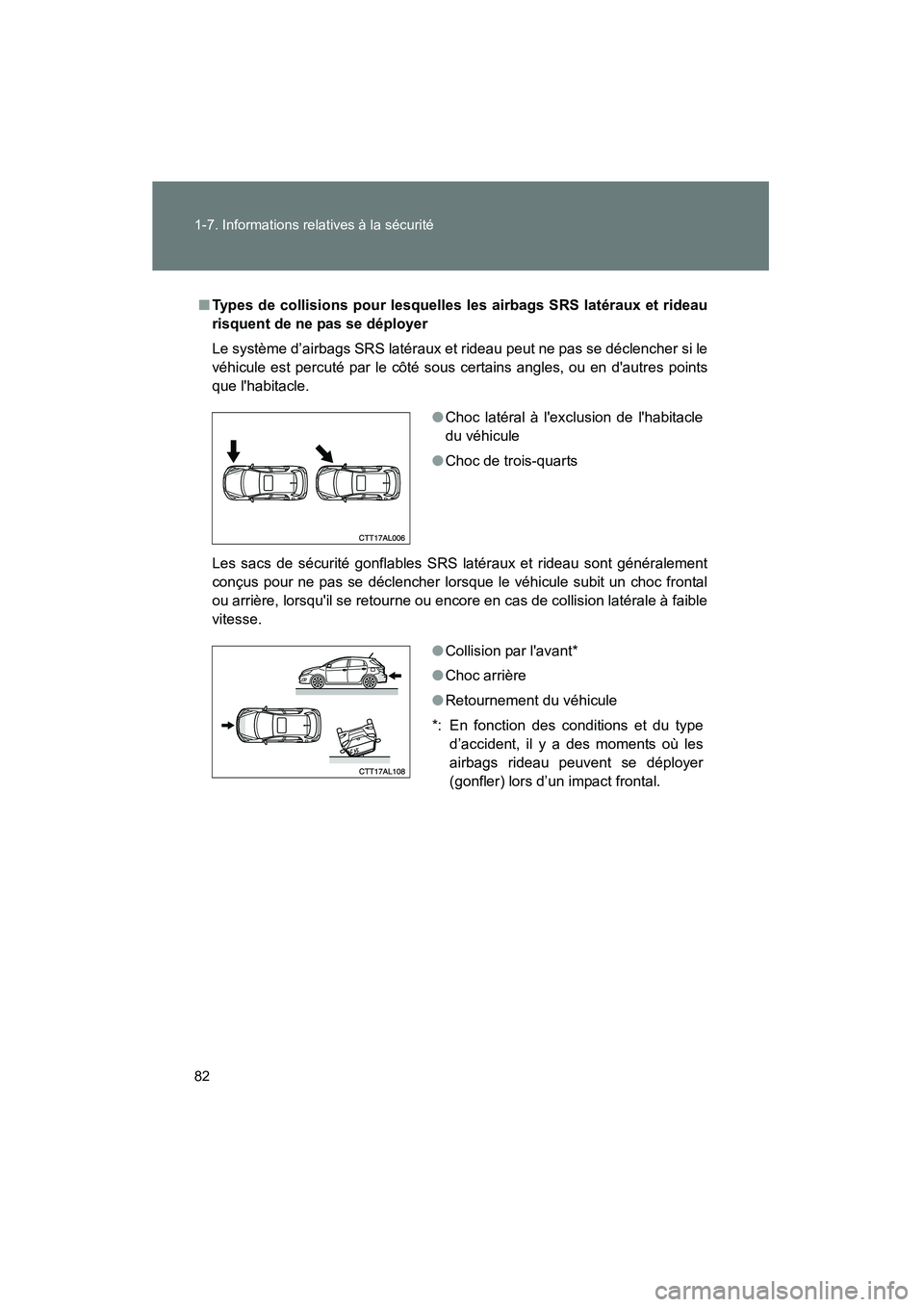 TOYOTA MATRIX 2013 Manuel du propriétaire (in French) 82 1-7. Informations relatives à la sécurité
MATRIX_D
■Types de collisions pour lesquelles les airbags SRS latéraux et rideau
risquent de ne pas se déployer
Le système d’airbags SRS latérau TOYOTA MATRIX 2013 Manuel du propriétaire (in French) 82 1-7. Informations relatives à la sécurité
MATRIX_D
■Types de collisions pour lesquelles les airbags SRS latéraux et rideau
risquent de ne pas se déployer
Le système d’airbags SRS latérau