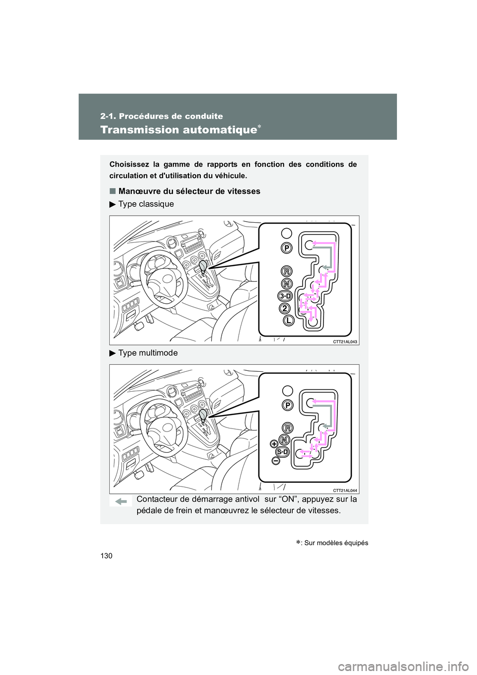 TOYOTA MATRIX 2011 Manuel du propriétaire (in French) 130
2-1. Pr océd ures de co nduite
MATRIX_D
Tra nsm ission automa tique∗
Choisissez la gamme de rapport s en fon ction des condit ions de
cir culat ion et d utilisation du véhicule.
■ Man TOYOTA MATRIX 2011 Manuel du propriétaire (in French) 130
2-1. Pr océd ures de co nduite
MATRIX_D
Tra nsm ission automa tique∗
Choisissez la gamme de rapport s en fon ction des condit ions de
cir culat ion et d utilisation du véhicule.
■ Man