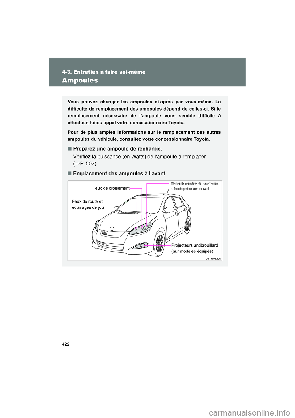 TOYOTA MATRIX 2011  Manuel du propriétaire (in French) 422
4-3. Entretien  à fair e so i-même
MATRIX_D
Ampoules
Vous  pou vez chang er les ampoules ci-après p ar vous- même. La
difficu lté de  remplacement  des ampoules dép end de celles-ci. Si le
r