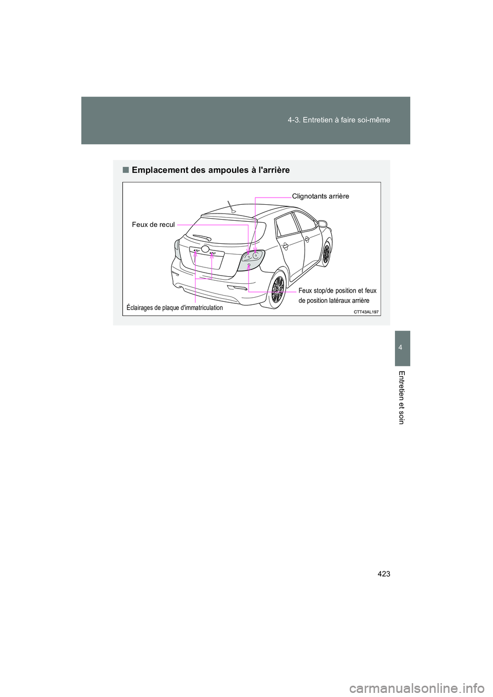 TOYOTA MATRIX 2011  Manuel du propriétaire (in French) 423
4-3
. Entr etien à fai re s oi-même
4
Ent retien et  soin
MATRIX_D
■Empla cemen t des am poules à larrière
Feux stop /de pos ition  et  feu x
de position latéraux arrière
Cli gnotan ts ar