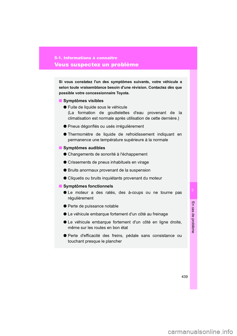 TOYOTA MATRIX 2011  Manuel du propriétaire (in French) 5
En cas de problème
439
5-1. Informations à connaître
MATRIX_D
Vous suspectez un problème
Si vous constatez lun des symptômes suivants, votre véhicule a
selon toute vraisemblance besoin dune 