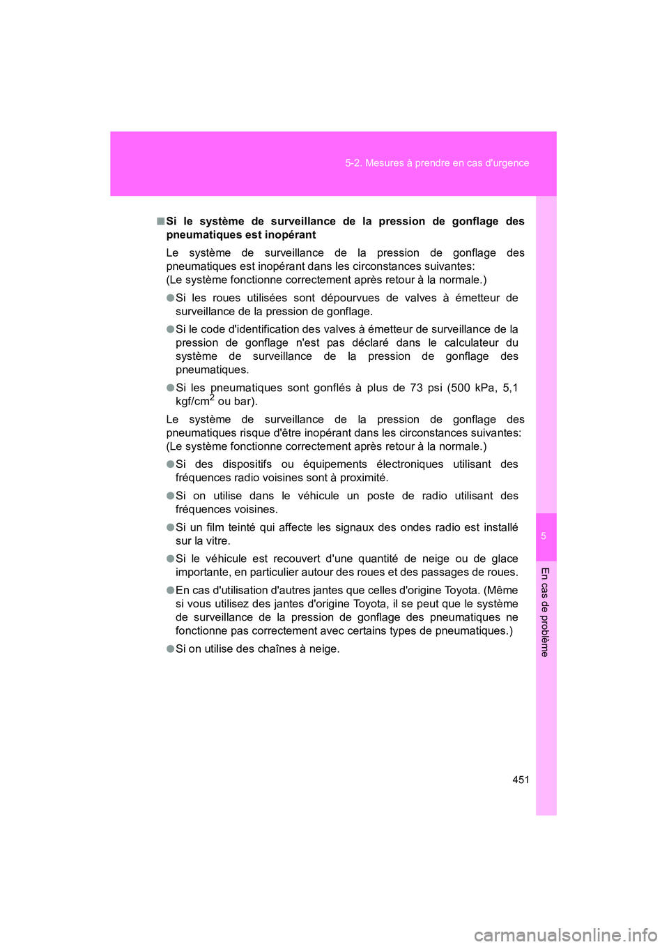 TOYOTA MATRIX 2011 Manuel du propriétaire (in French) 5
En cas de problème
451
5-2. Mesures à prendre en cas durgence
MATRIX_D
■Si le système de surveillance de la pression de gonflage des
pneumatiques est inopérant
Le système de surveillance de TOYOTA MATRIX 2011 Manuel du propriétaire (in French) 5
En cas de problème
451
5-2. Mesures à prendre en cas durgence
MATRIX_D
■Si le système de surveillance de la pression de gonflage des
pneumatiques est inopérant
Le système de surveillance de