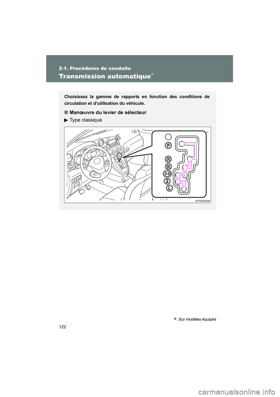 TOYOTA MATRIX 2010  Manuel du propriétaire (in French) 122
2-1. Procédures de conduite
MATRIX_D_(L/O_0902)
Transmission automatique∗
Choisissez la gamme de rapports en fonction des conditions de
circulation et dutilisation du véhicule.
■Manœuvre d