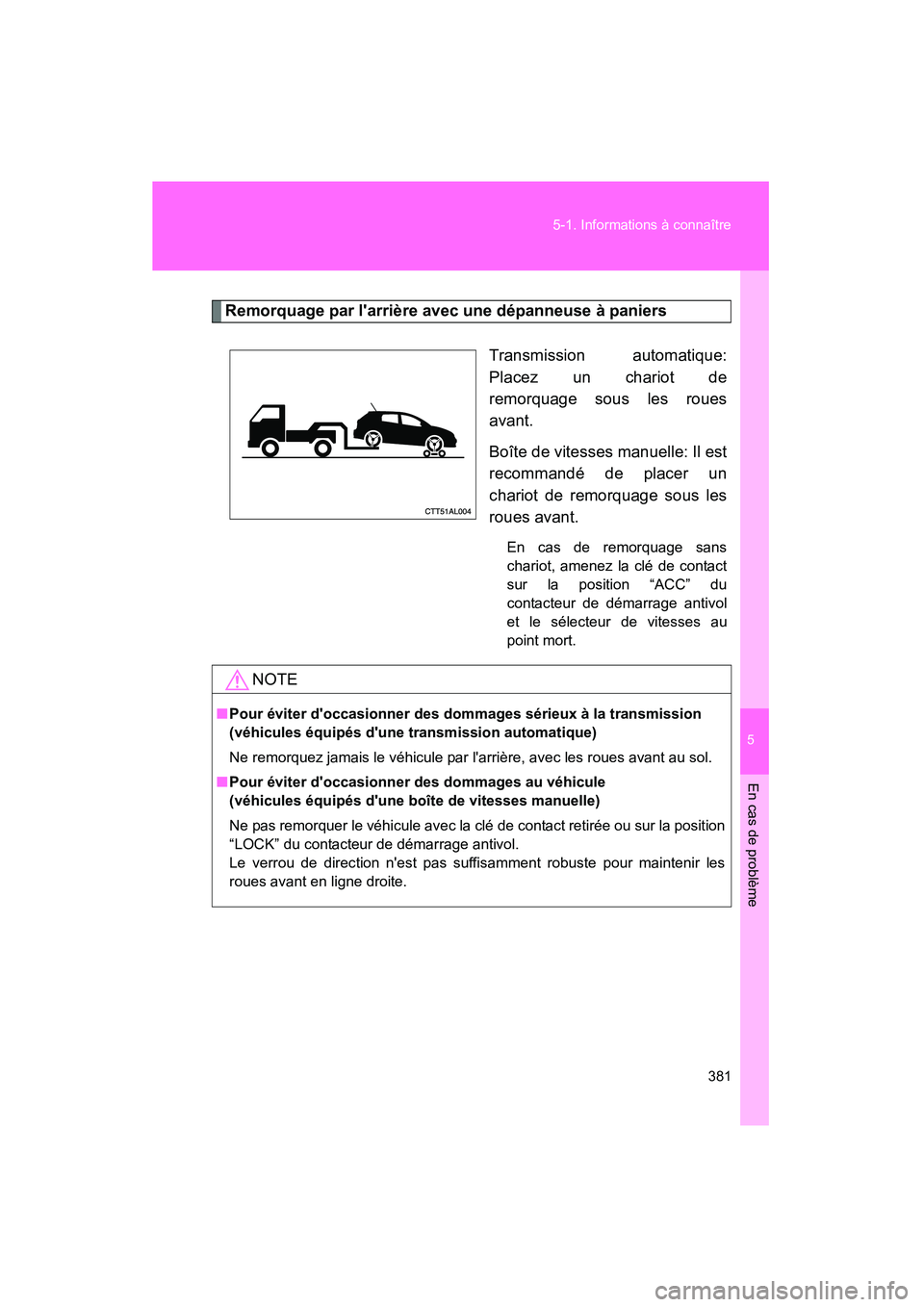 TOYOTA MATRIX 2010 Manuel du propriétaire (in French) 5
En cas de problème
381
5-1. Informations à connaître
MATRIX_D_(L/O_0902)
Remorquage par larrière avec une dépanneuse à paniers
Transmission automatique:
Placez un chariot de
remorquage sous l TOYOTA MATRIX 2010 Manuel du propriétaire (in French) 5
En cas de problème
381
5-1. Informations à connaître
MATRIX_D_(L/O_0902)
Remorquage par larrière avec une dépanneuse à paniers
Transmission automatique:
Placez un chariot de
remorquage sous l