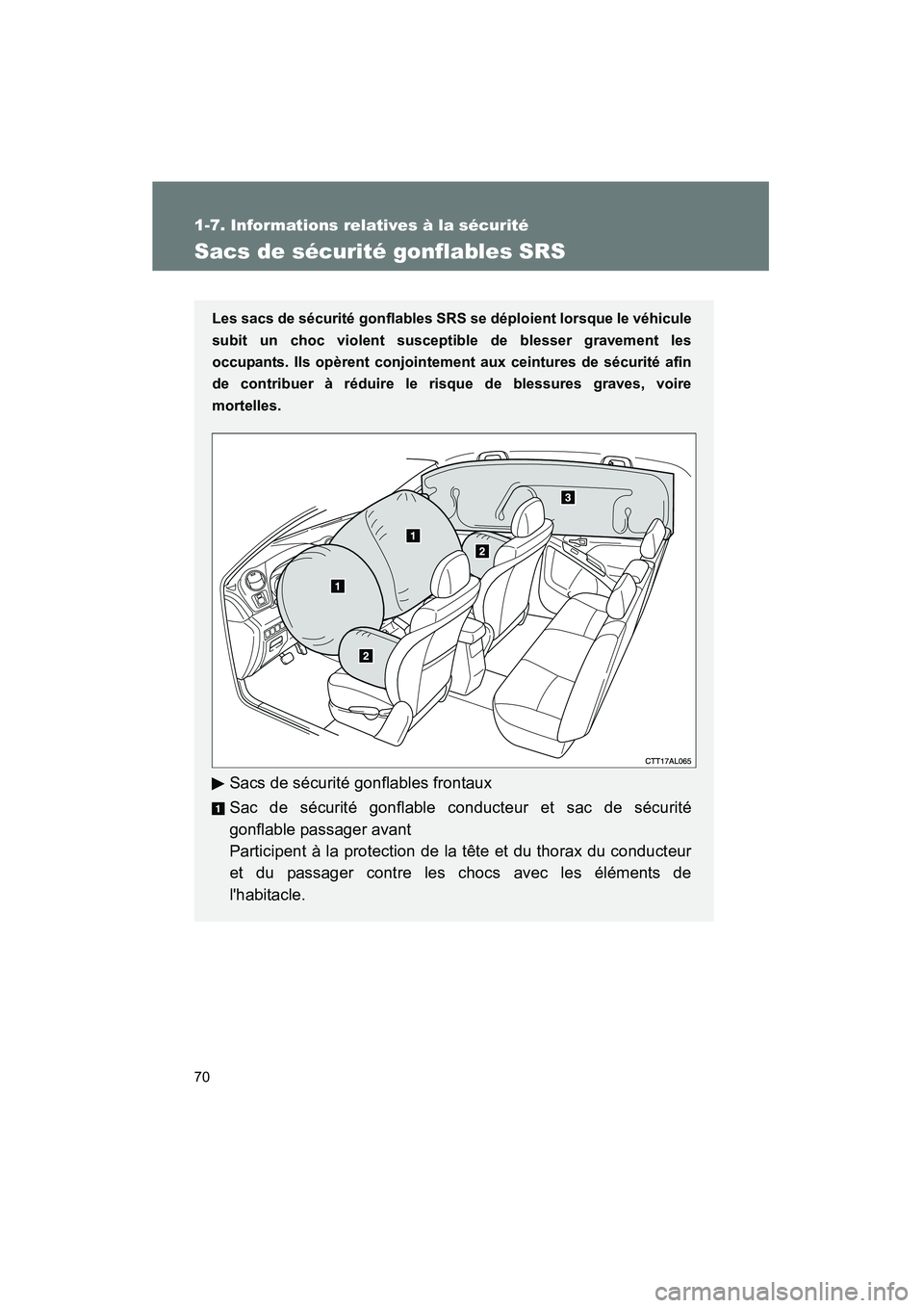 TOYOTA MATRIX 2010  Manuel du propriétaire (in French) 70
1-7. Informations relatives à la sécurité
MATRIX_D_(L/O_0902)
Sacs de sécurité gonflables SRS
Les sacs de sécurité gonflables SRS se déploient lorsque le véhicule
subit un choc violent sus